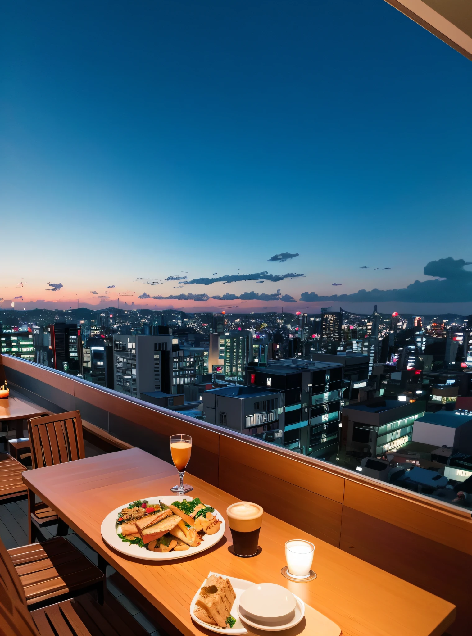 There is a tray on the table，There were sandwiches and a cup of coffee inside, chill time. Good view, ❤🔥🍄🌪, set in tokyo rooftop, shot on a Canon EOS R5, shot on canon eos r 5, rooftop romantic, cafe in the clouds, shot with sigma f / 4. 2, shot with sigma f/ 4.2