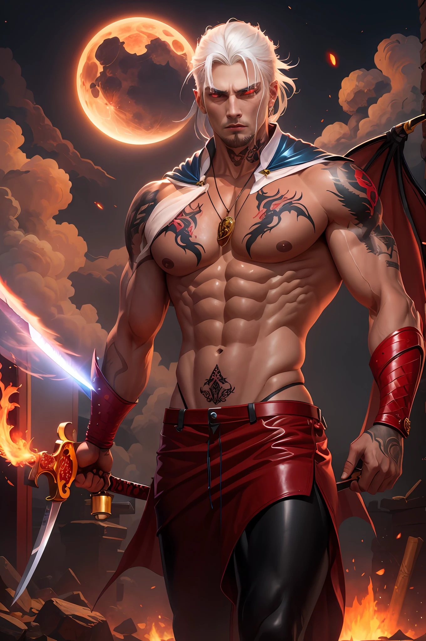 White Hair Vampire Red Eyes Brutal Man Hero with a Sword Katana Explosive Nuclear Explosion Courage Challenge Strength Danger Fire Red Eyes Velvet Metallic Leather Tattoo Dragon Ruby Pendant Naked Torso Moonrise Myth Hero Victor Abandoned Cigar Flame Fire in Red Eyes Smoke