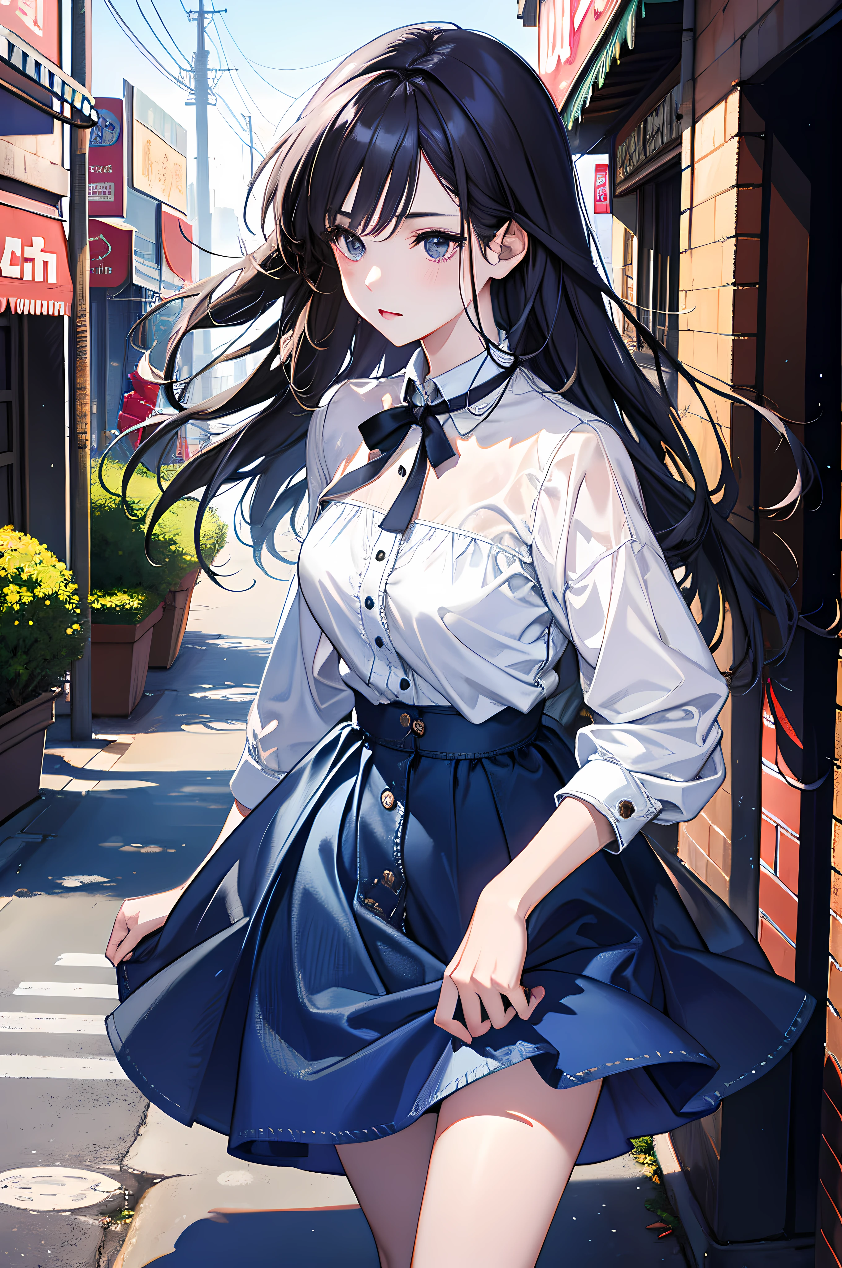 （A high resolution，ultra - detailed）Girl in shirt box denim skirt，Walk the streets，Bright and bustling street background，tmasterpiece，Manhwa Style，4K