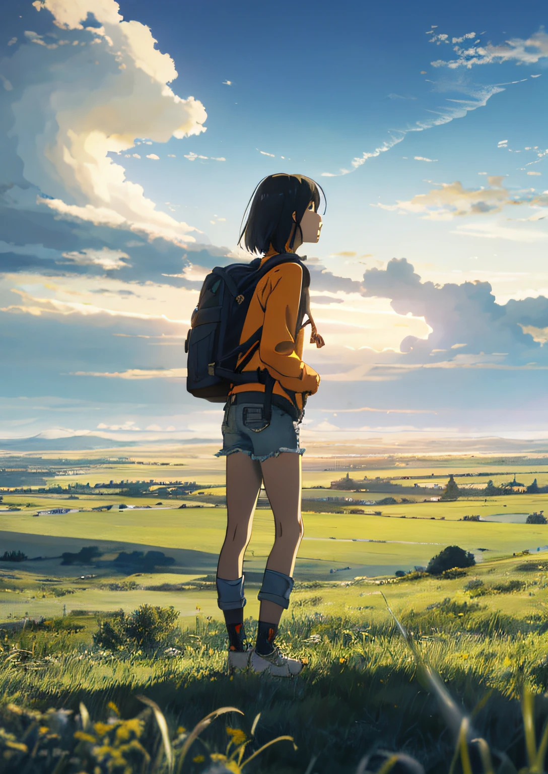 The vast sky, beautiful skyline, large grasslands, extremely tense and dramatic pictures, moving visual effects, the high-hanging Polaris, and colorful natural light. Long-sleeved top, denim shorts, and a girl with a backpack.