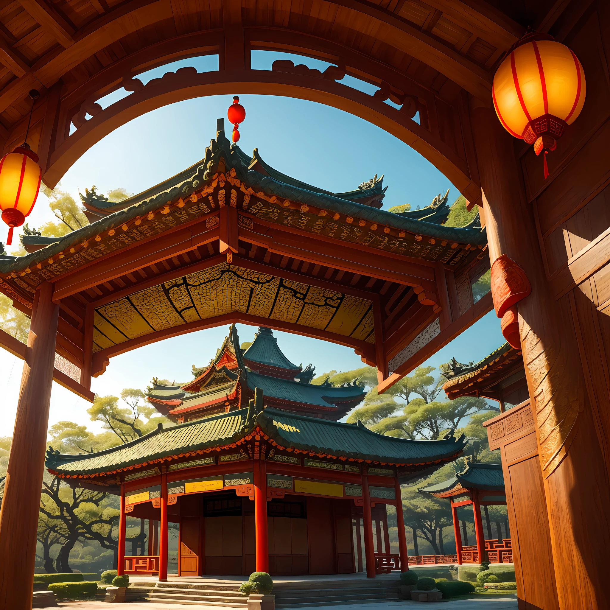 Ancient pavilions dot the park，The elegant roof is decorated in verdant colors。Each pavilion has been carefully designed，Reflecting the architectural beauty of ancient China。Fine wooden grilles and ornate cornices showcase craftsmanship from a bygone era，The sculpture of the dragon and phoenix adds the luxurious grandeur of the emperor。 --auto