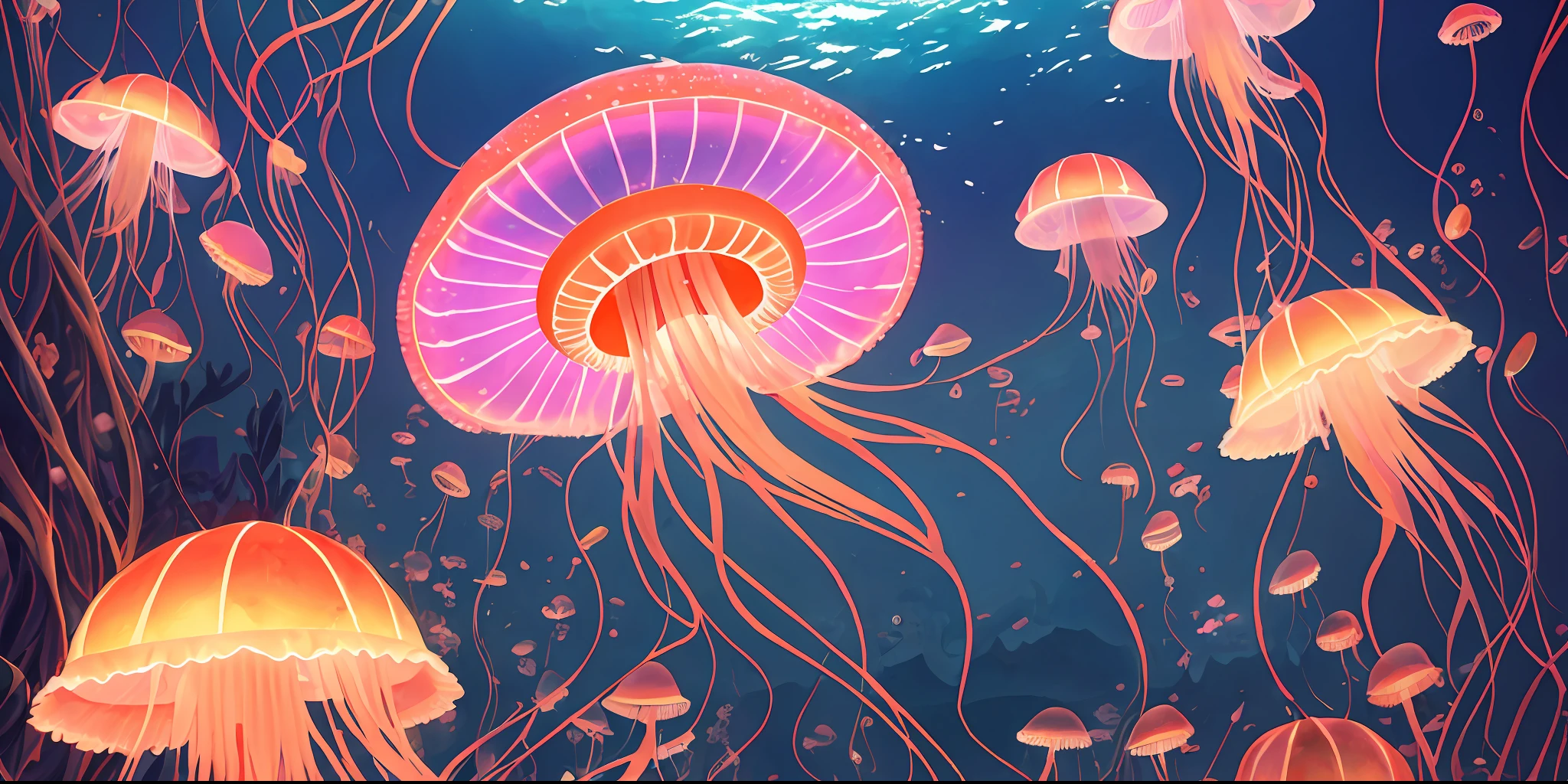 painting jellyfish in a sea of water with lights, Medusas, cyberpunk jellyfish, Aquarela altamente detalhada 8K, Aquarela altamente detalhada 8 K, neon jellyfish, Burger mixes jellyfish, Dance of the jellyfish, protetor de tela impressionante, its a deep dream, artistic 4 k, Arte NFT, Medusas, 8k highly detailed ❤️‍🔥 🔥 💀 🤖 🚀 --auto --s2