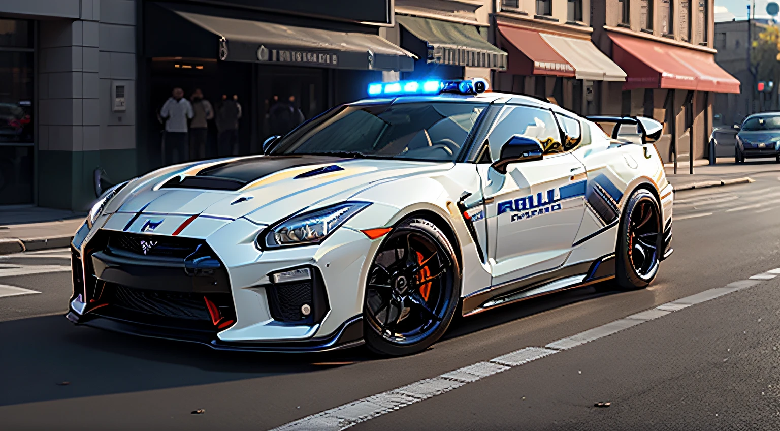 GTR sports car,refit,ultraclear,American police car style,photorealestic,realisticlying,In the daytime,street corner,Cars as the main body,Contre-Jour