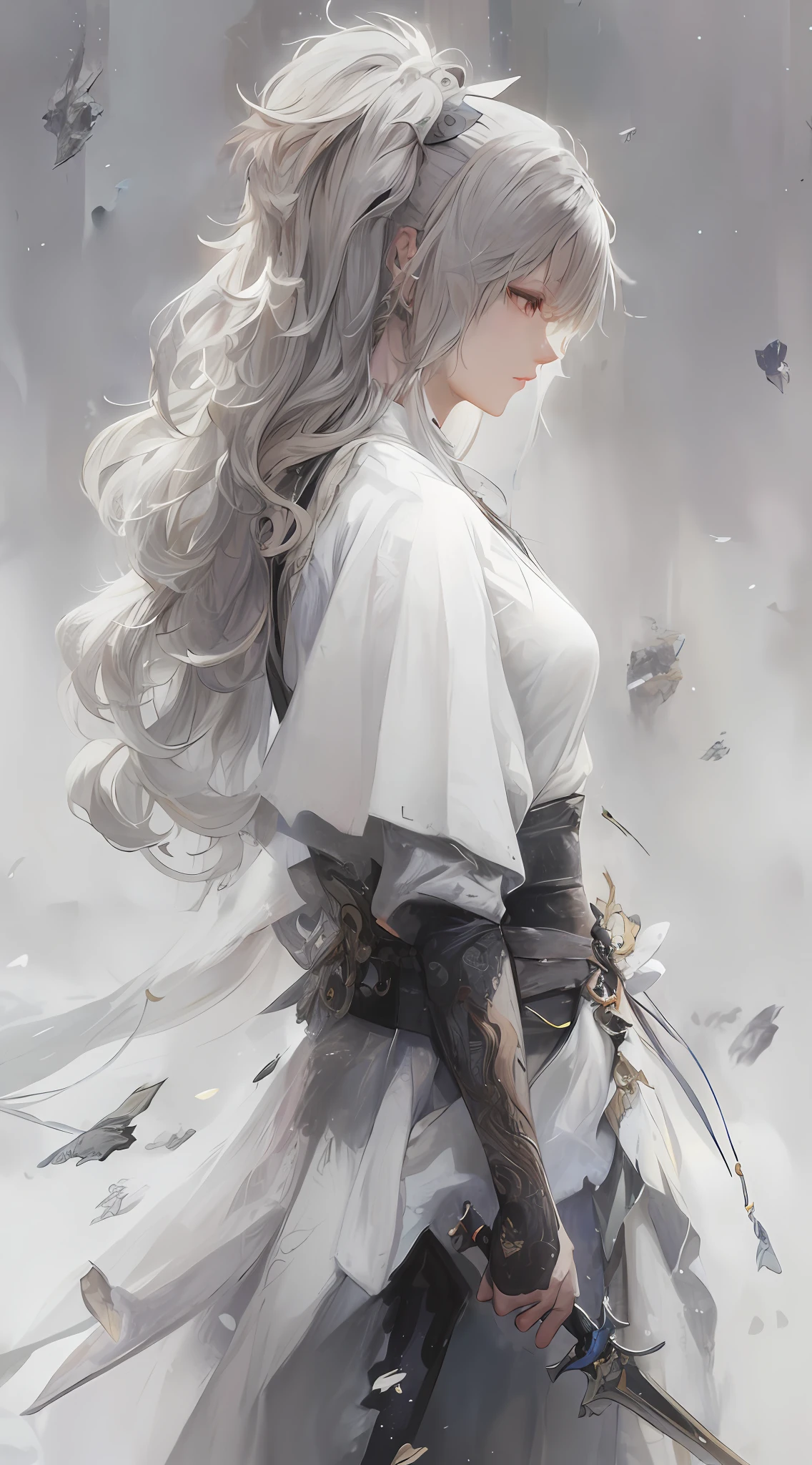 Anime girl with long hair and sword in white dress, Guweiz in Pixiv ArtStation, Guweiz on ArtStation Pixiv, by Yang J, Guviz-style artwork, Guviz, Beautiful character painting, By Leng Mei, By Zeng Jing, Anime art wallpaper 8 K, Beautiful anime artwork, By Li Song