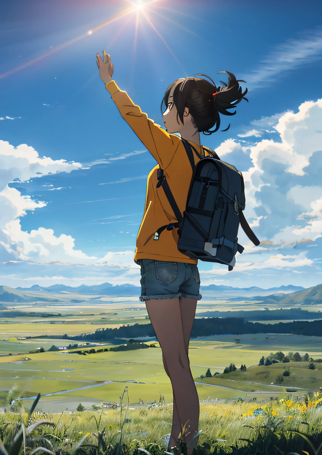 The vast sky, beautiful skyline, large grasslands, extremely tense and dramatic pictures, moving visual effects, the high-hanging Polaris, and colorful natural light. Long-sleeved top, denim shorts, and a girl with a backpack.