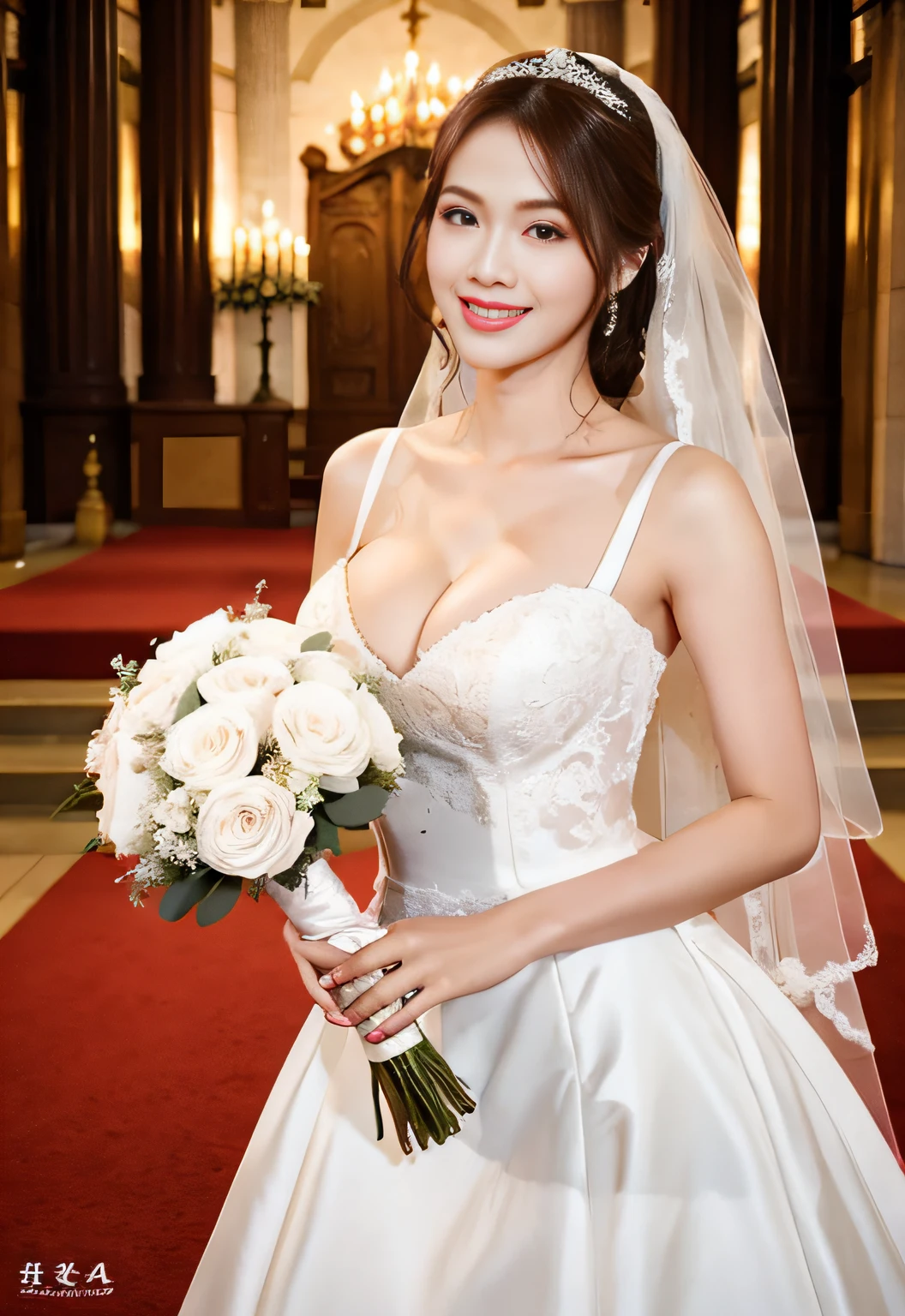 (best quality), masterpiece, (photo realistic:1.5), 8k quality, 1 beautiful girl, 18 years old, full body, (large breasts:1.4), dark brown hair, brown eyes, front, detailed face, beautiful eyes, looking at viewer, smile, BREAK, wearing mighty sexy wedding dress, one shoulder dress, standing in a wedding altar, holding a bouquet with both hands, (ulzzang-6500-v1.1:0.1)