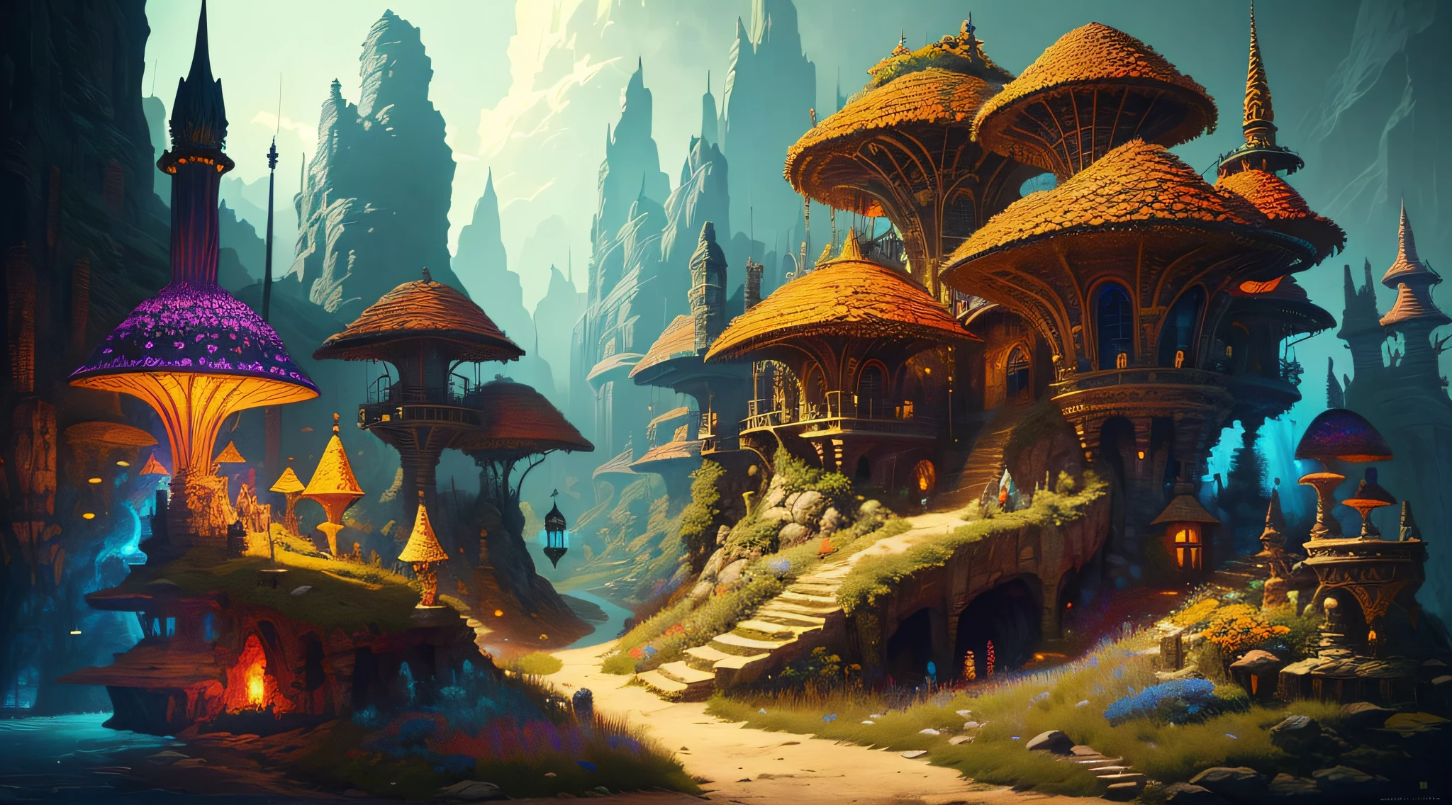 (low contrast ), colorfantasystyle sharp details, a medieval village in switzerland, mess jungle in background, ornate, beautiful, atmosphere, vibe, flowers, concept art illustration, greg rutowski, volumetric lighting, sunbeams, particles, colorful clothes, by Jean-Baptiste Monge, Gilles Beloeil, Tyler Edlin, Marek Okon, Pixar, album art, comic style, golden ratio, perfect composition, a masterpiece, trending on artstation, oversaturated, epic realistic, hdr, intricate details, rutkowski, intricate, cinematic, detailed , art by midjourney