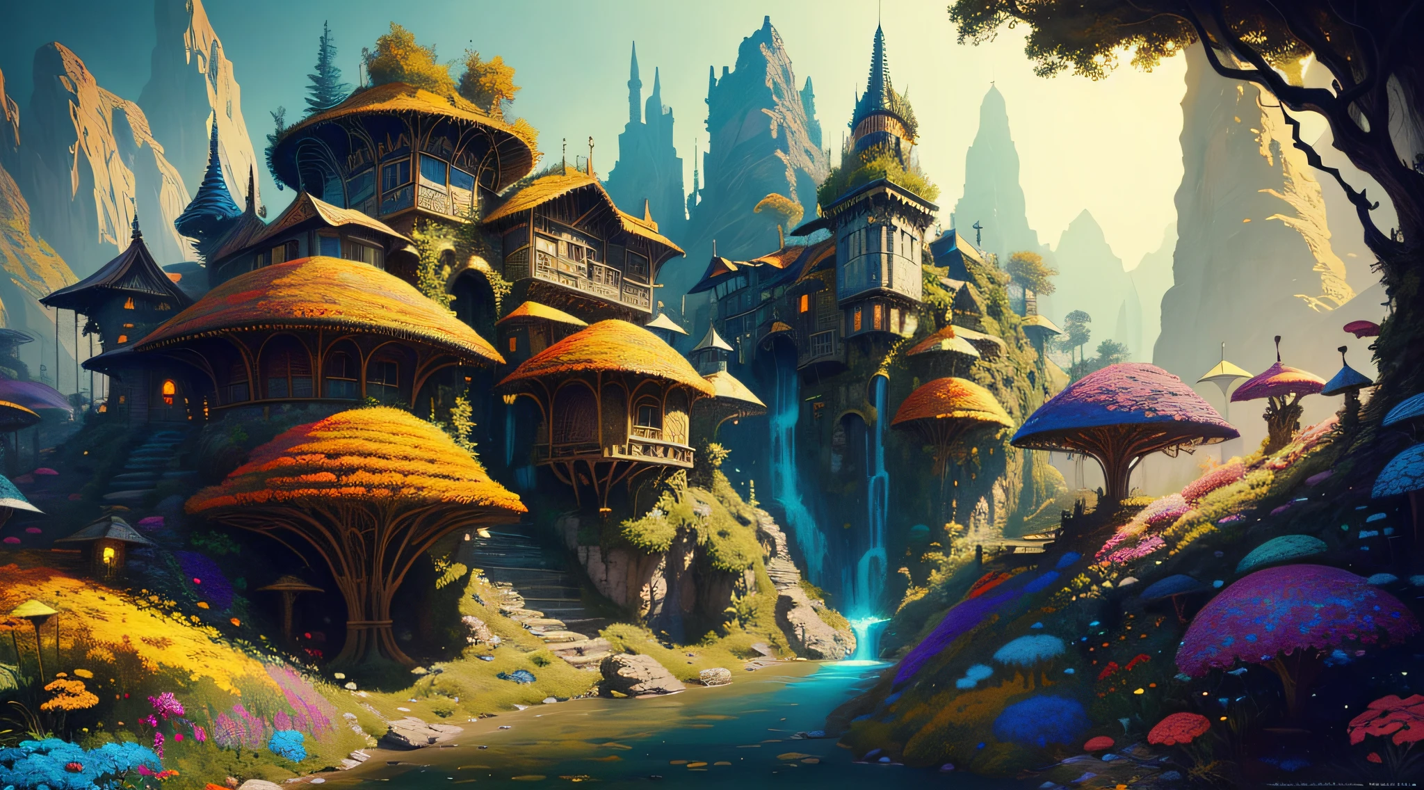 (low contrast ), colorfantasystyle  sharp details, a medieval village in switzerland, mess jungle in background, ornate, beautiful, atmosphere, vibe, flowers, concept art illustration, greg rutowski, volumetric lighting, sunbeams, particles, colorful clothes, by Jean-Baptiste Monge, Gilles Beloeil, Tyler Edlin, Marek Okon, Pixar, album art, comic style, golden ratio, perfect composition, a masterpiece, trending on artstation, oversaturated, epic realistic, hdr, intricate details, rutkowski, intricate, cinematic, detailed , art by midjourney