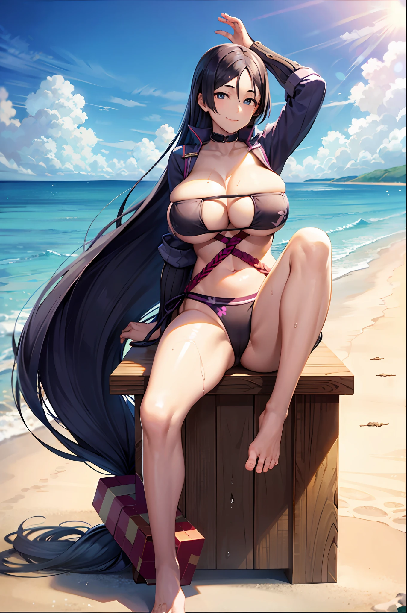 Masterpiece, best quality, high resolution, HS1,barefoot, knee up, seated, V-shaped swimsuit Looking at the audience, Male Beach Long hair, big breasts, smile, outdoors, leg irons, iron collar, full body, black sky, depth of field, wet gorund, spread legs