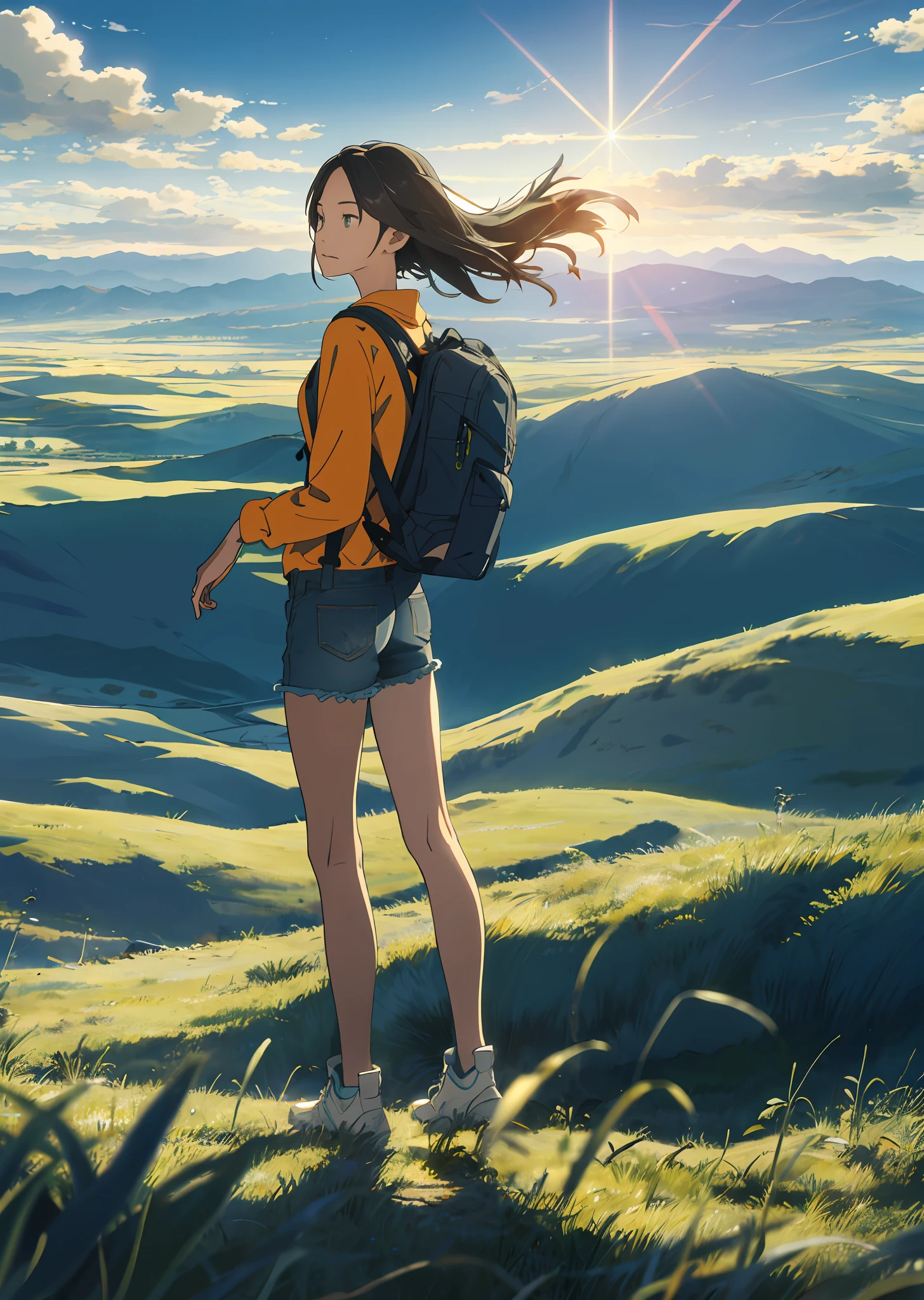 The vast sky, beautiful skyline, large grasslands, extremely tense and dramatic pictures, moving visual effects, the high-hanging Polaris, and colorful natural light. Long-sleeved top, denim shorts, and a girl with a backpack.