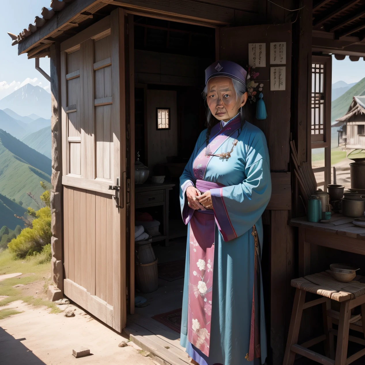 An old Chinese woman、Dress modestly、The headdress is shabby、looking old、balmy、kind、Wise old wise man,Stand in front of a dilapidated and clean house deep in the mountains 、The face is clear、Bust avatar --auto