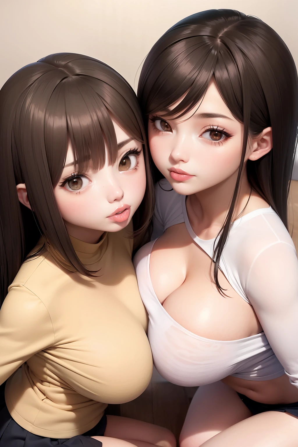 2females,Top-down view,Adult daughter,A MILF,Chest to chest,Stick out your tongue,Sit on your knees,Squat and sit,MuCoi,yogurt,roll eyes,huge tit,Giant buttocks,Tight hip-wrapping clothes,Student uniform,Superskirt,Charming