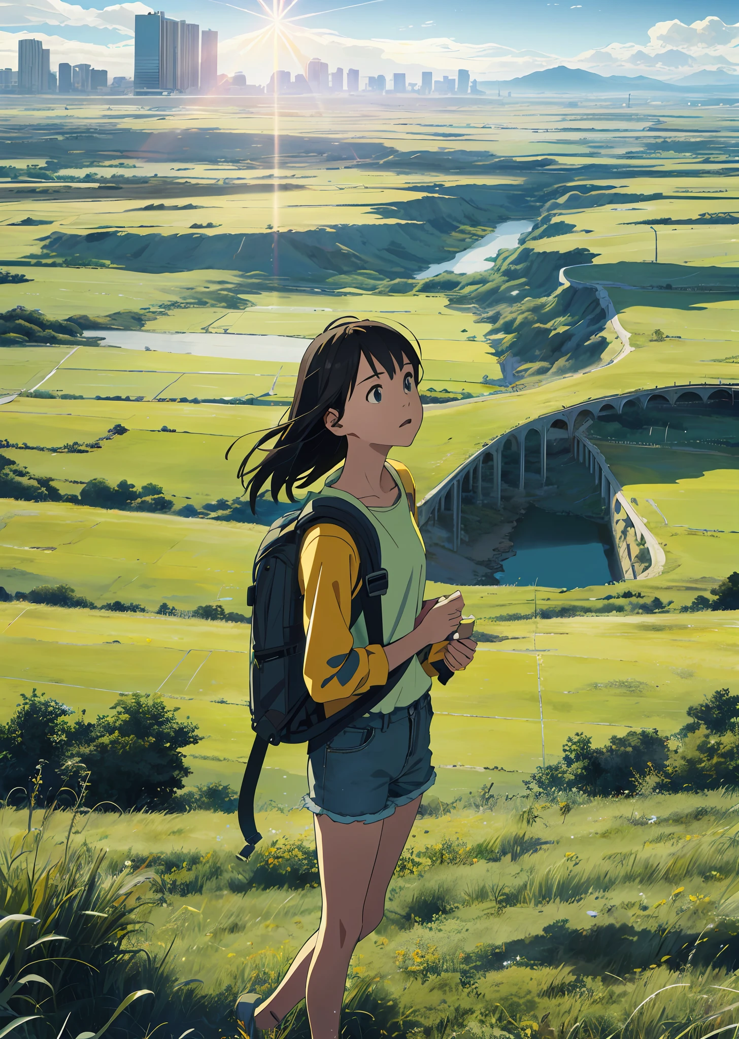The vast sky, beautiful skyline, large grasslands, extremely tense and dramatic pictures, moving visual effects, the high-hanging Polaris, and colorful natural light. Long-sleeved top, denim shorts, and a girl with a backpack.