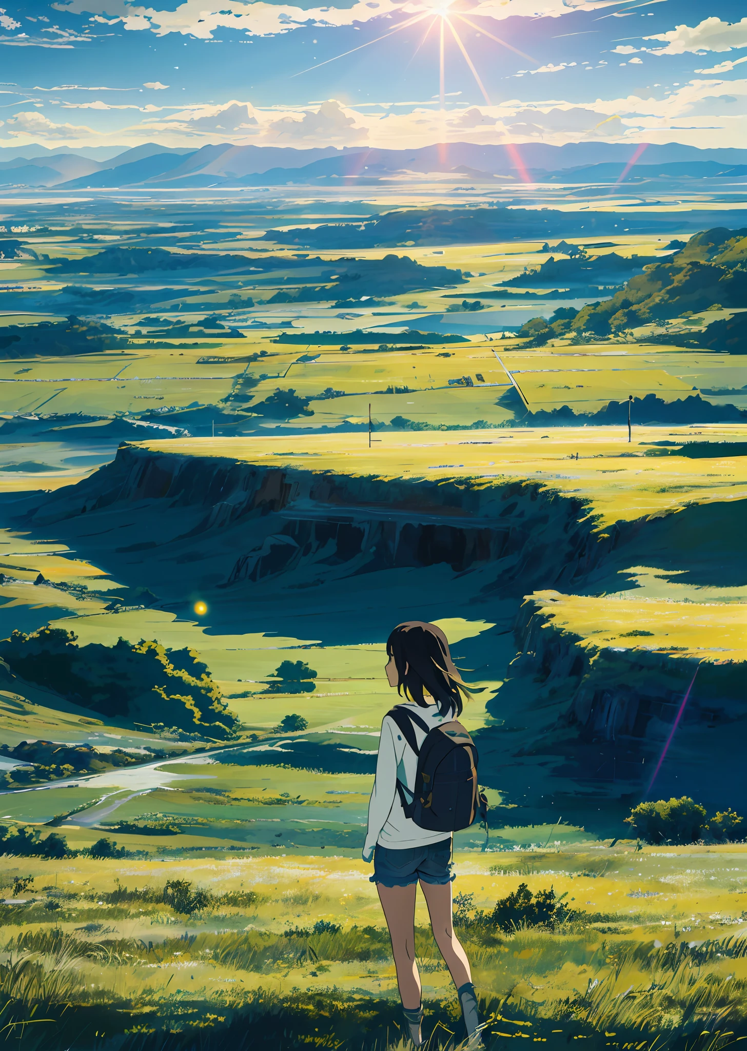 The vast sky, beautiful skyline, large grasslands, extremely tense and dramatic pictures, moving visual effects, the high-hanging Polaris, and colorful natural light. Long-sleeved top, denim shorts, and a girl with a backpack.