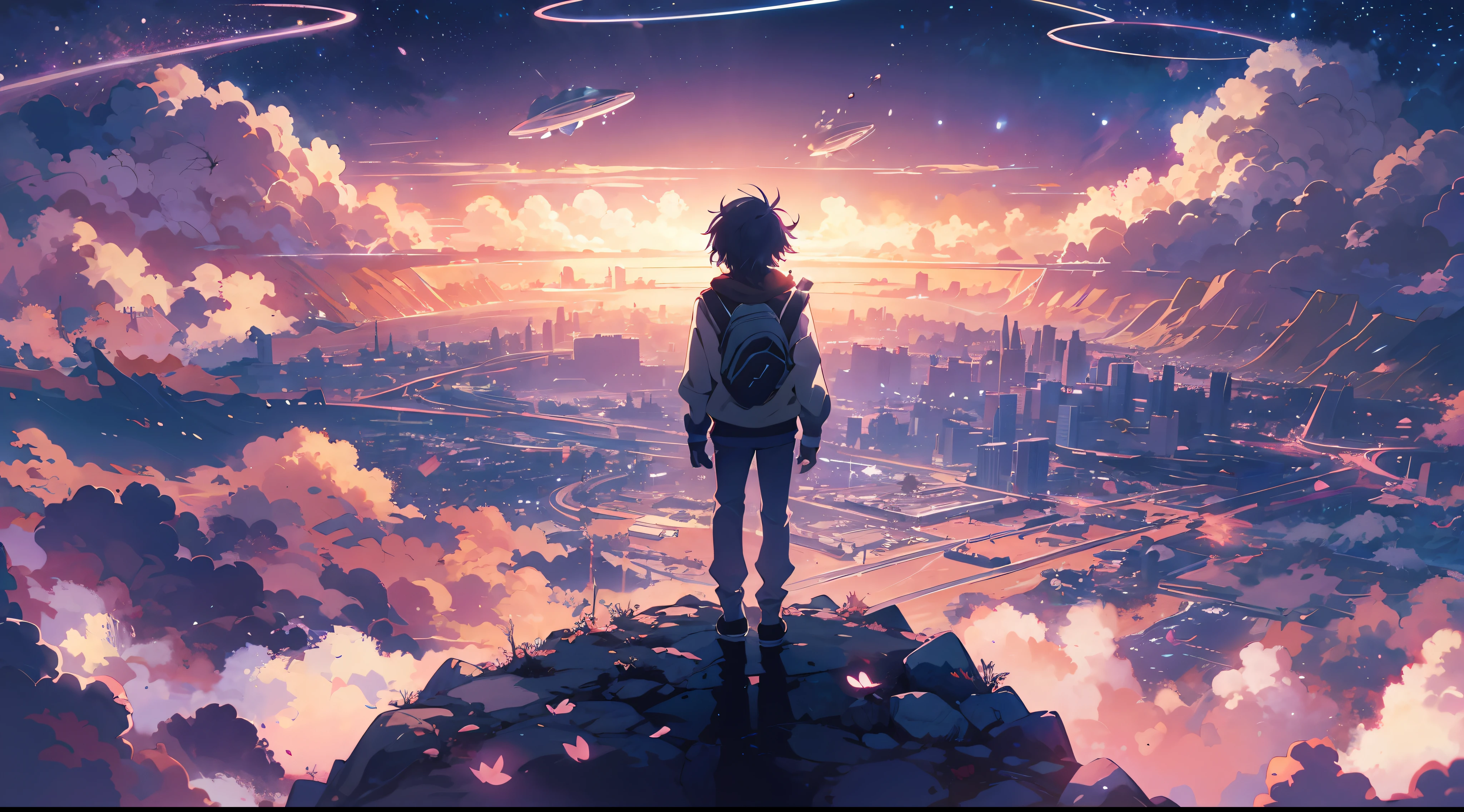 A high resolution, (masterpiece:1.4), ultra - detailed, 1boy, looking from above, the space, afloat，anime anime wallpaper，You can see the sky and stars，Cosmos Sky。Written by Makoto Shinkai， Anime art wallpaper 4 K， anime art wallpaper 4k， Anime art wallpaper 8 K， Anime Sky， amazing wallpapers， Anime wallpapers 4 k， anime wallpaper 4k， 4k anime wallpaper