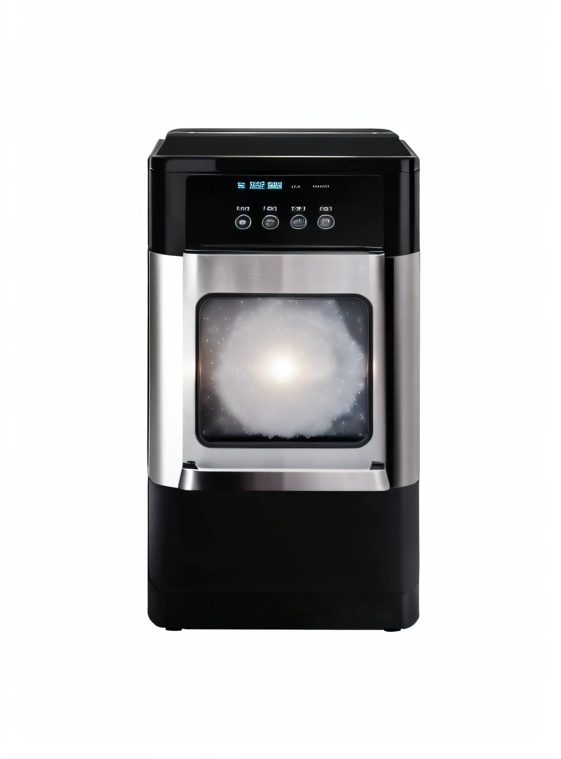 Close-up of white light in black and silver oven, freezing, product introduction photos, on black background, (Snow), elder, a wide full shot, top angle view, three fourths view, Full front view, product design shot, Dry Ice, front view dramatic, 1/2 Professional fog filter, professionally post-processed, professionally post - processed