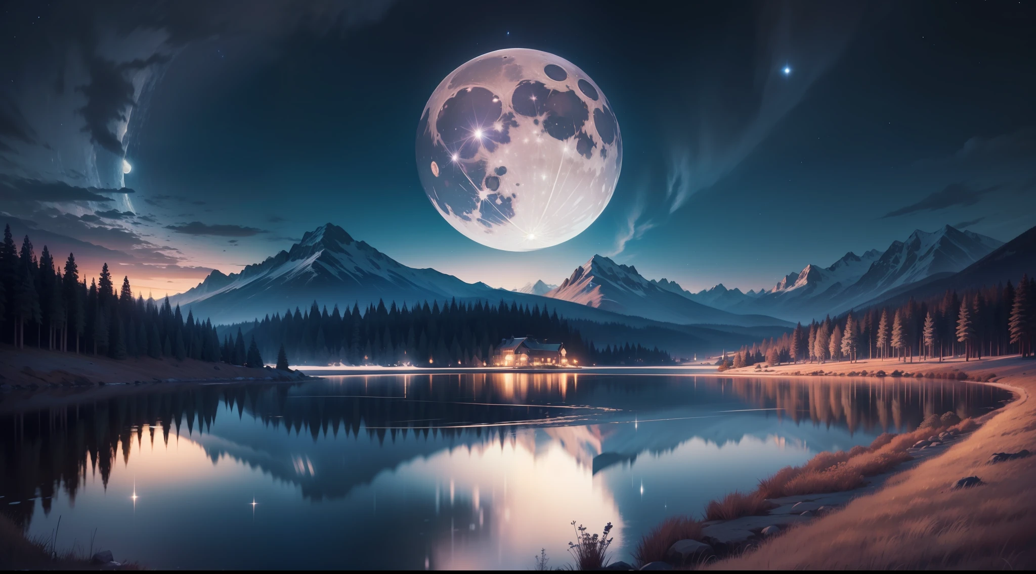 Very starry night. A giant moon behind the mountains. A tranquil lake reflecting the night. Realistic scene, detailed, photorealism, 8k