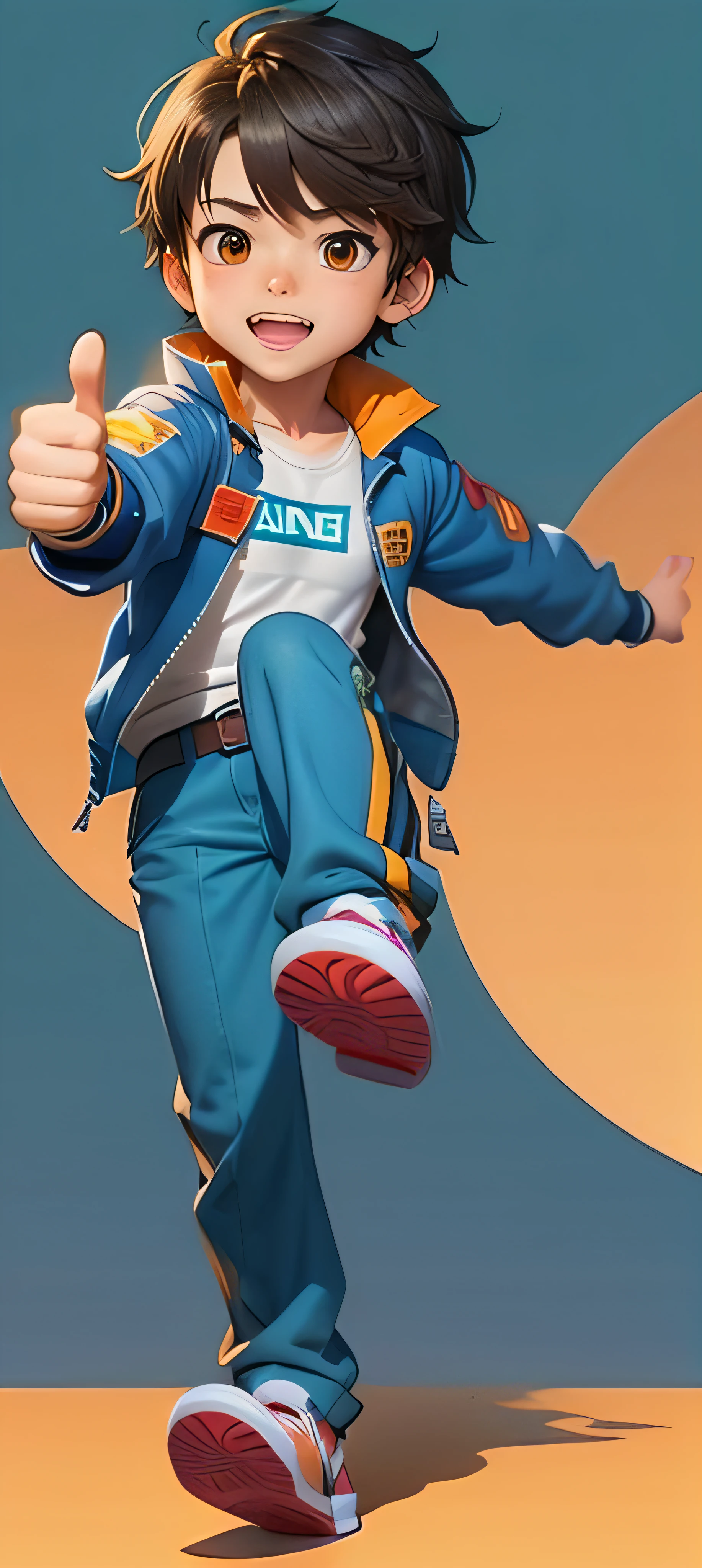 cartoon boy in blue and orange jacket with thumbs up, Kentaro Miura!, offcial art, official character art, with index finger, 《The King of Fighters》role, pixiv contest winner, winning illustration, full body mascot, official character illustration, Handsome anime pose, kentaro miura manga style, wining, anime figure, anime style character, young anime man,Soft eyes