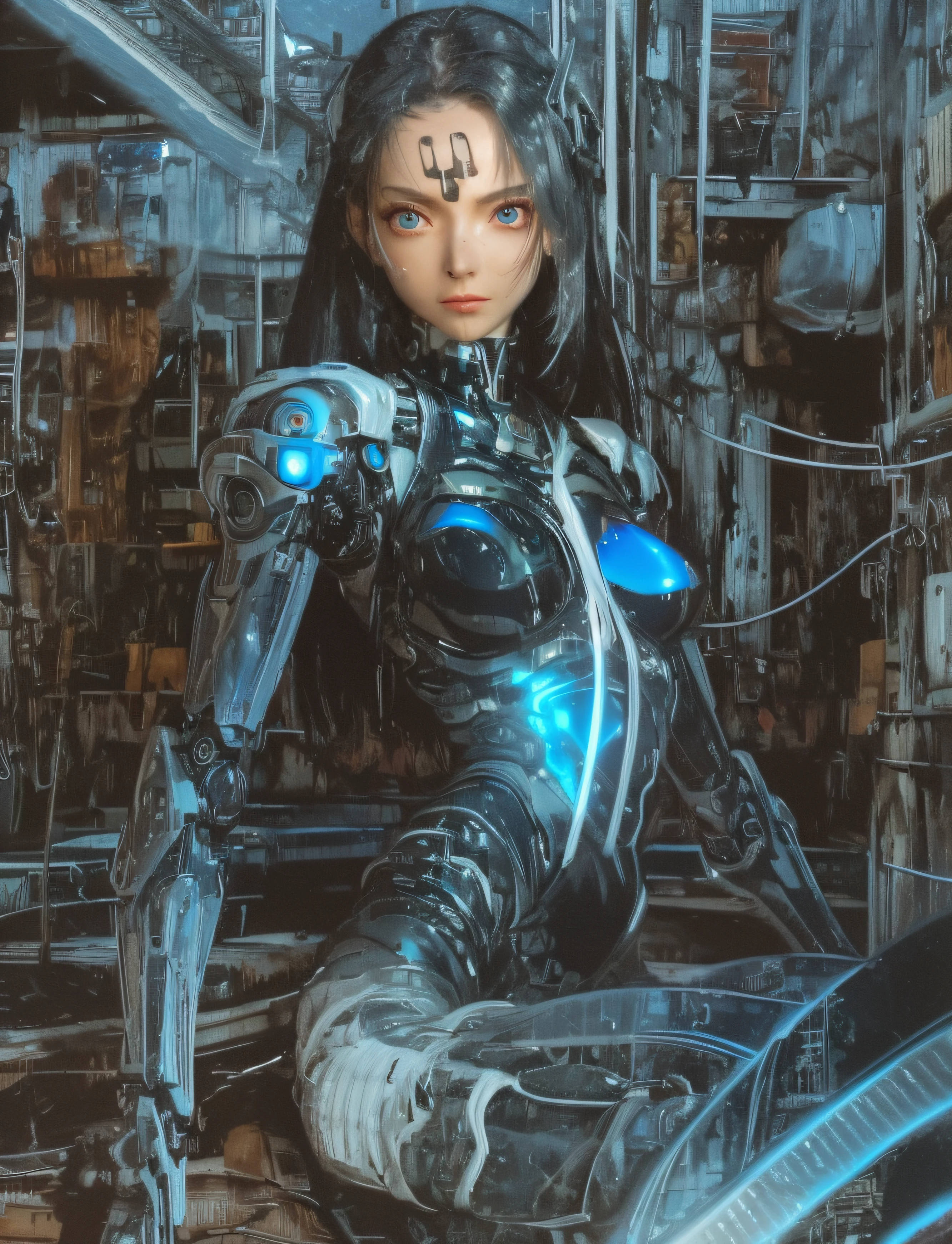 real photograph，A futuristic woman wearing a smooth and smooth white mecha robot body sat on the platform with a very serious expression，Inspired by Masamune Shirow, author：Shiroro Masamune, style of masamune shirow, cyberpunk anime girl mech, battle angel alita, tsutomu nihei art, cyborg people，The background is messy and scattered with a lot of lines and sections，Top image quality ，A high resolution，1080p，（Clear face），（Detailed facial depiction），（Meticulous hand description），（tmasterpiece），（Beautiful CG），Extreme light and shadow，Messy hair，Black pupils，Pure blue eyes，A masterpiece，detail-rich，Delicate facial features，Mottled sunlight，Pick and dye gray hair，apathy，UHD,8K,--s1000