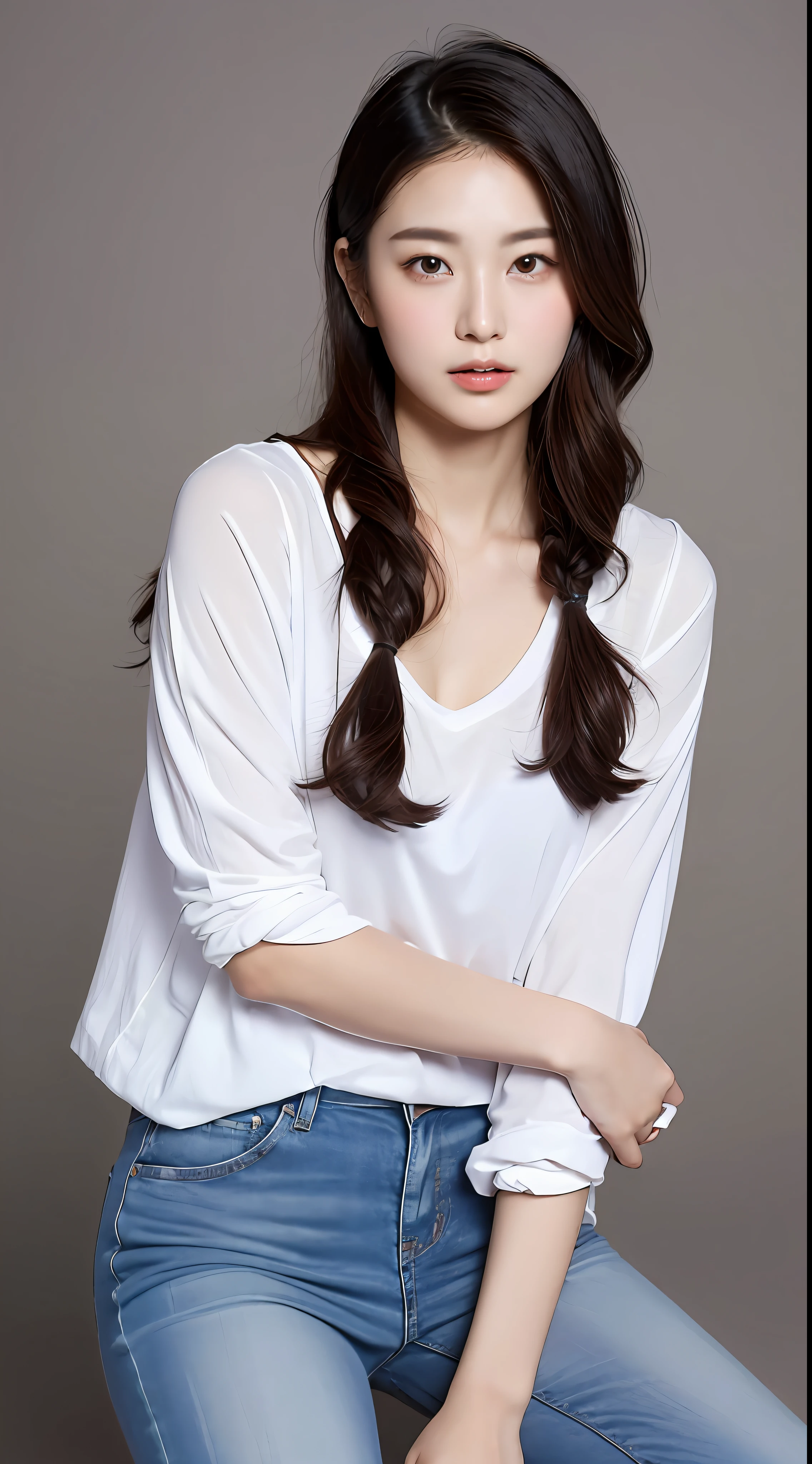 ((Best picture quality, 8K, tmasterpiece:1.3)), 1girll, Beautiful woman with slender abs:1.3, (Casual hairstyle, No milk leakage:1.2),White T-shirt jeans:1.1, Ultra-fine face, A detailed eye, 二重まぶた，aggrieved look，perfect bodies，full bodyesbian，one color background，Royal sister style，A long-legged beauty