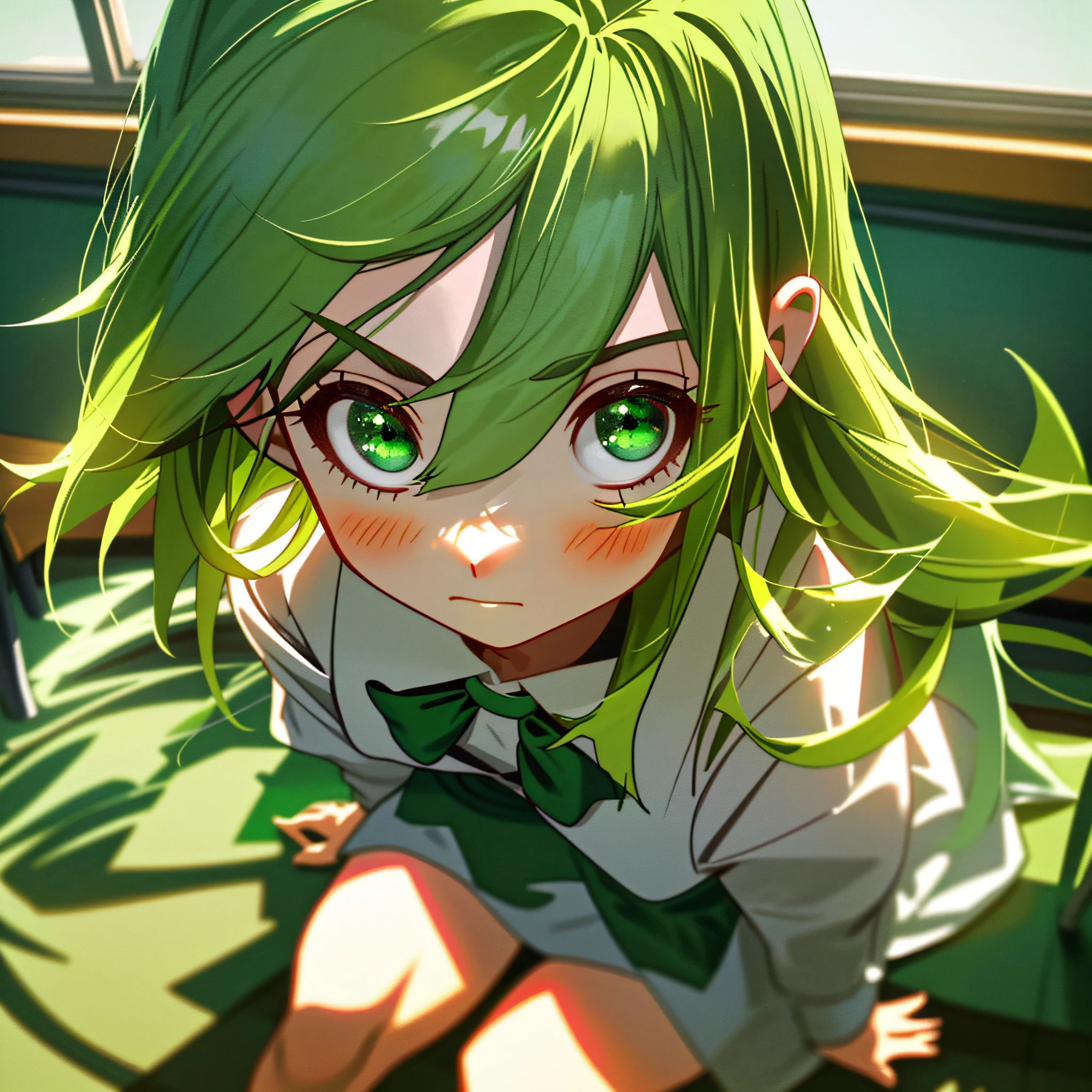 (masterpiece, best quality),1girl with green hair and emerald green eyes sitting in classroom, she is facing us. She has a cute face, little petite body