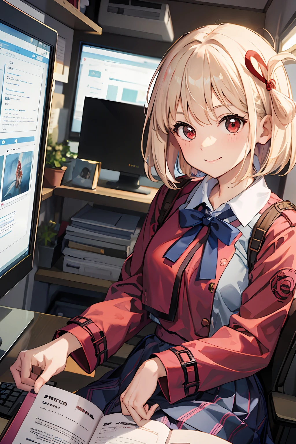 masterpiece, top-quality, Chisato Nishikiki、a smile、Platinum Blonde Hair、Anime girl with red eyes,bob cuts,Anime visuals of cute girls,Smooth Anime、an anime girl、hi-school girl、Plaid uniform、long-sleeve, Plaid Dresses、Desktop Wallpapers、
