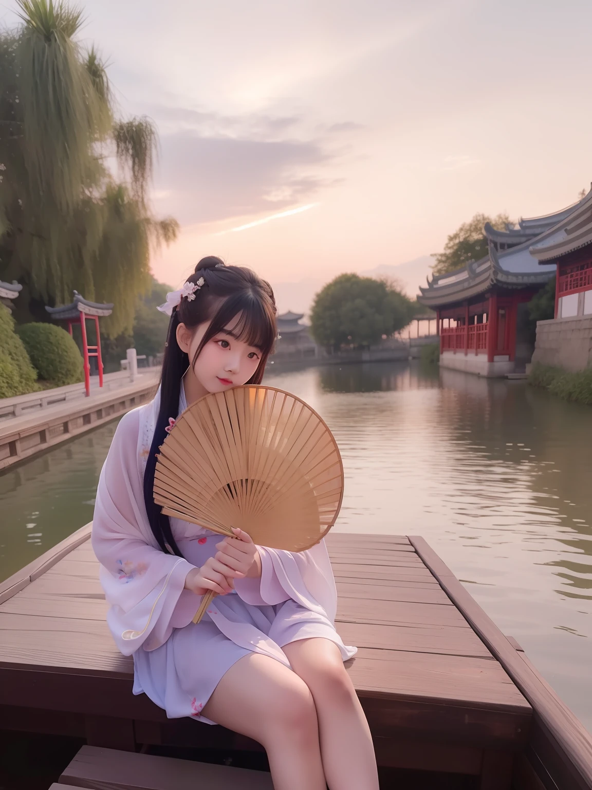 Girl sitting on dock with fan looking at camera, Palace , A girl in Hanfu, with acient chinese clothes, Hanfu, Wearing ancient Chinese clothes, Anime girl cosplay, Chinese girl, sakimichan hdri, Traditional Chinese clothing, With sunset, Guviz, Traditional beauty, Chinese costume --auto