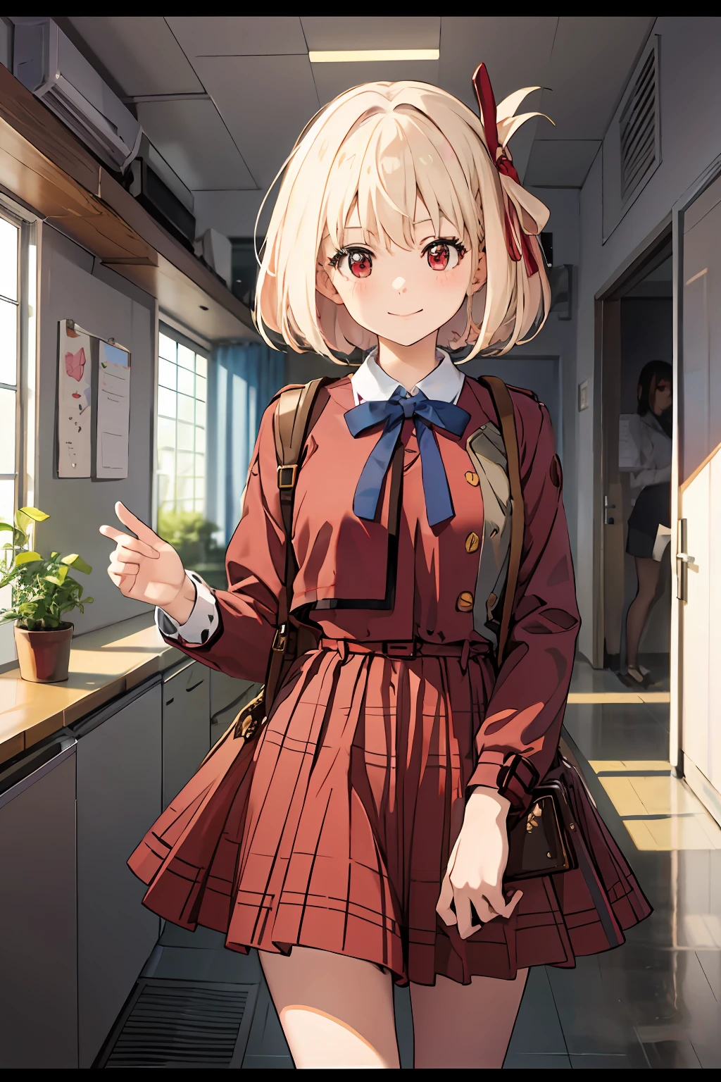 ​masterpiece, top-quality, Chisato Nishikiki、a smile、Platinum Blonde Hair、Anime girl with red eyes,bob cuts,Anime visuals of cute girls,Smooth Anime、an anime girl、hi-school girl、Plaid uniform、long-sleeve, Plaid Dresses、Desktop Wallpapers、