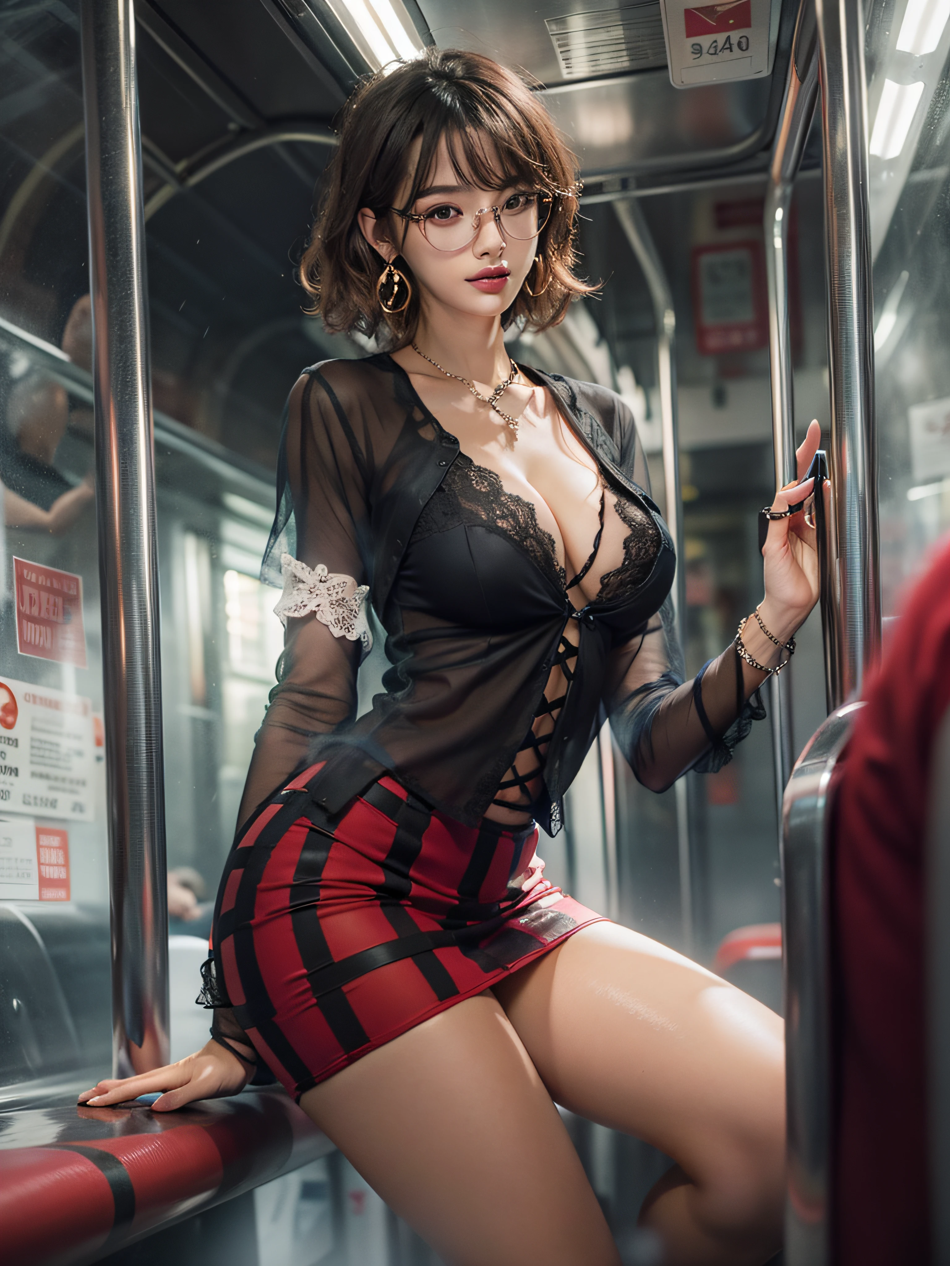 full-body portraits, photograph realistic, Beautiful Chinese woman, Adult video actress, In crowded subway cars, Get wet all over your body, Slim figure, Height 1.6m, perfect female shape, 34C breasts, Naked of breast, Slim waistline, Elongated legs, 28-inch hips, Fine fine skin, Full forehead, Slender eyebrows, Wear red and black erotic lingerie, Suspender stockings, Stiletto heels, tempting pose, streaked hair, brown hair, bangs, wavy hair, messy hair, hair slicked back, medium hair, jewelry, bespectacled, longeyelashes, earrings, makeup, light smile, red lips, cinematic lighting, three sided view, masterpiece, textured skin, super detail, best quality, 8k