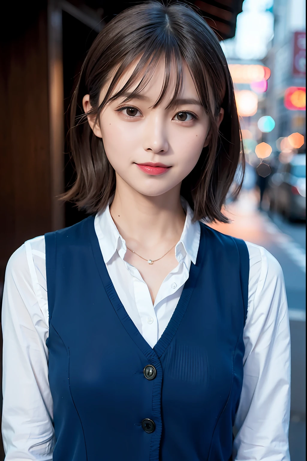 (((Medium hair))), Top Quality, 8K, HDR, Hi-Res, Absurdity: 1.2, Photography, (RAW Photos: 1.2), (Photorealistic: 1.4), (Masterpiece: 1.3), (Complex Details: 1.2), 1 Girl, Solo, Japan girls, Delicate and beautiful details, (Detailed eyes), (Detailed facial features), Petite, (Small breasts))), Toned Skin, ( looking_at_viewer), from_front, (Skinny), (Best Quality: 1.4), (Ultra High Definition: 1.2), Cinemalite, (Extreme Detail Illustration), (Lip Gloss, Best Quality, Ultra High Resolution, Depth of Field, Caustics, Broad Lighting, Natural Shading, 85mm, f / 1.4, ISO 200, 1/160 sec: 0.75), 1 girl, solo, ((blue vest))) smile, uniform, necklace, fashionable café: 1.3, black neat and clean clothes, Nogizaka idol, gravure idol, beauty