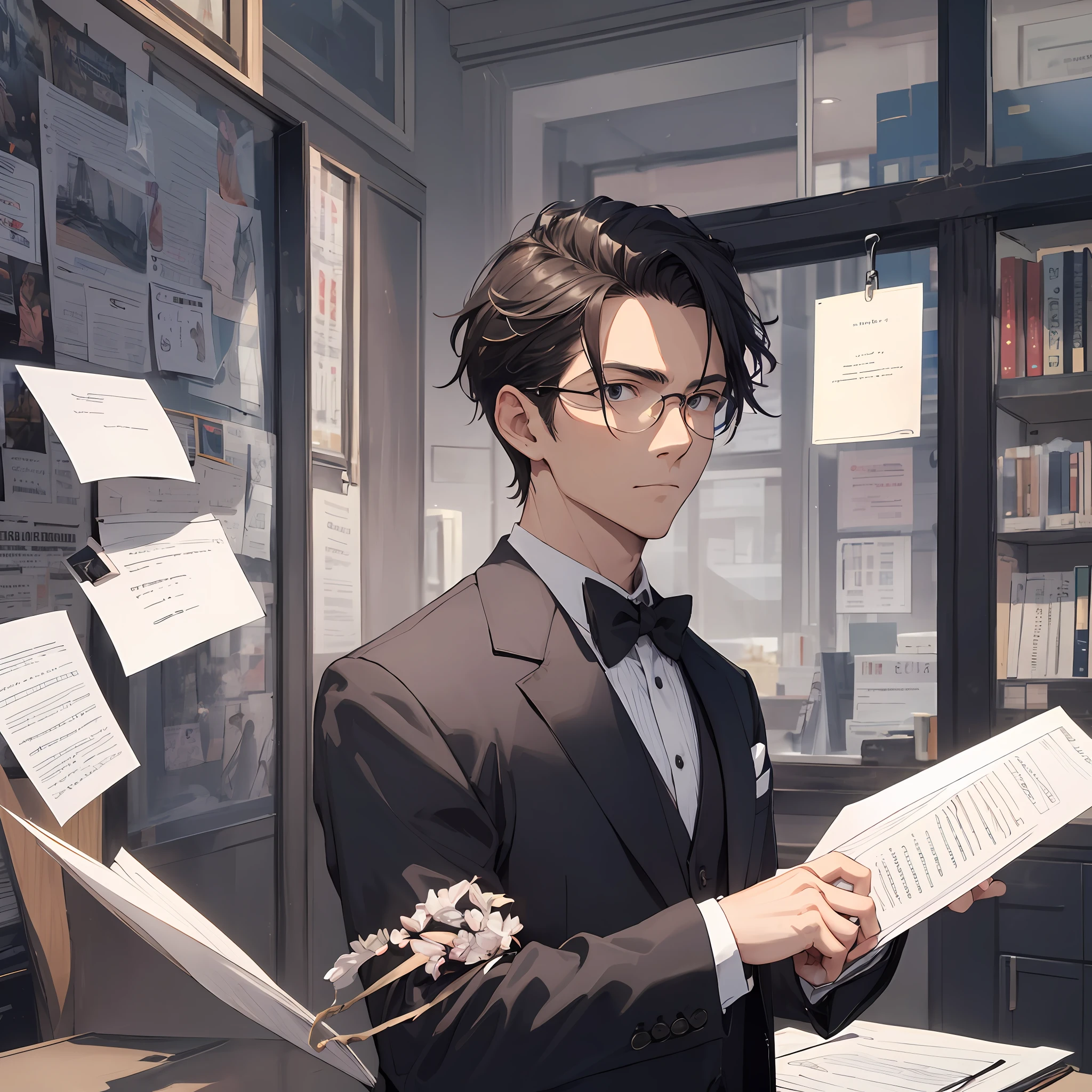 A handsome man,Lawyer,Clear facial features,formal outfit,Hold a document,serious expressions,The background is the courts