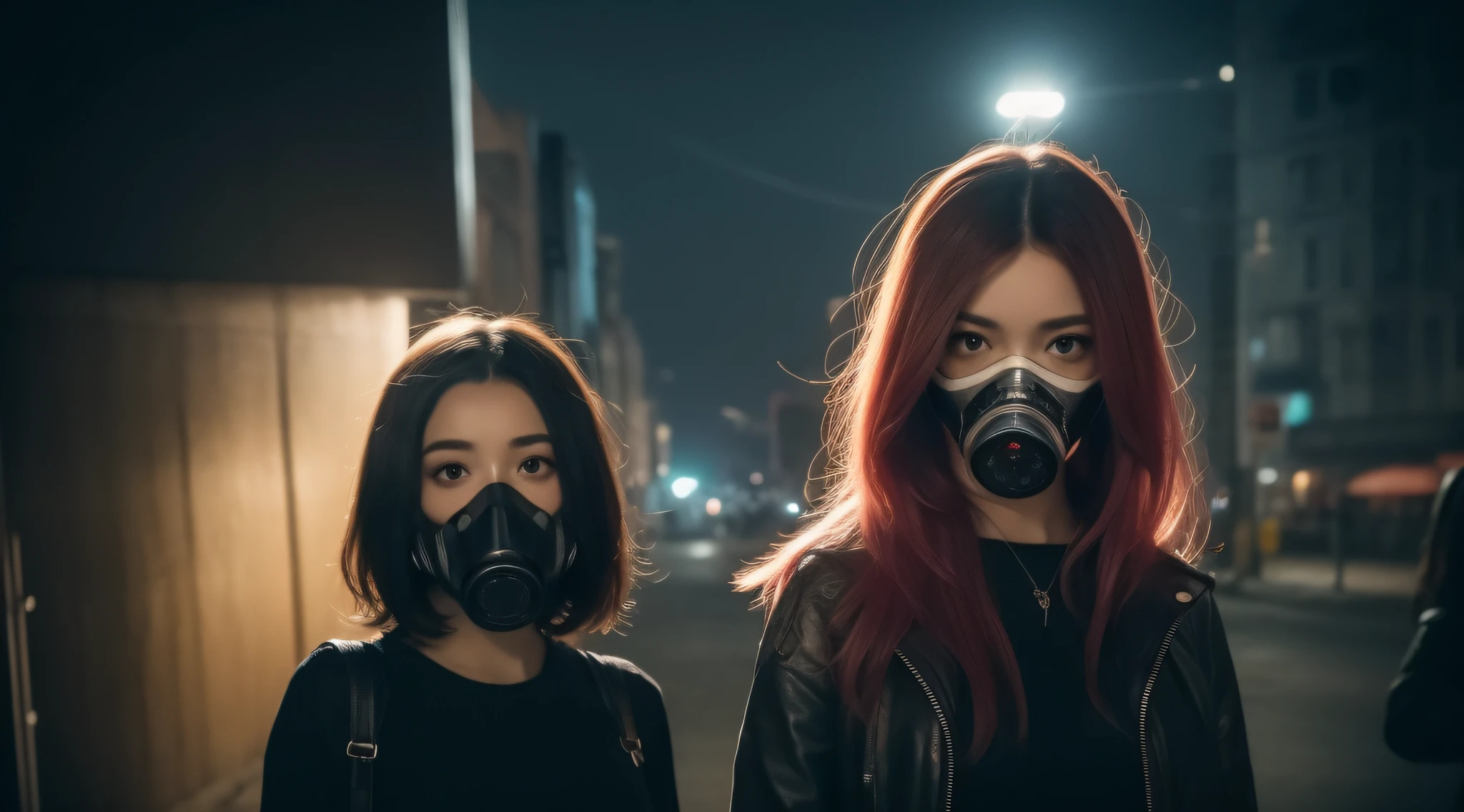 Cyberpunk style girl with colorful hair wearing gas mask, tatuagens pelo corpo, Cyberpunk, foto perfeita, detailed cenary, cidade Cyberpunk, corpo perfeito, roupa sexy, seios redondos, bunda grande, coxas grandes, cabelo cumprido, olhar penetrante, perfect lighting, obra-prima, 8k