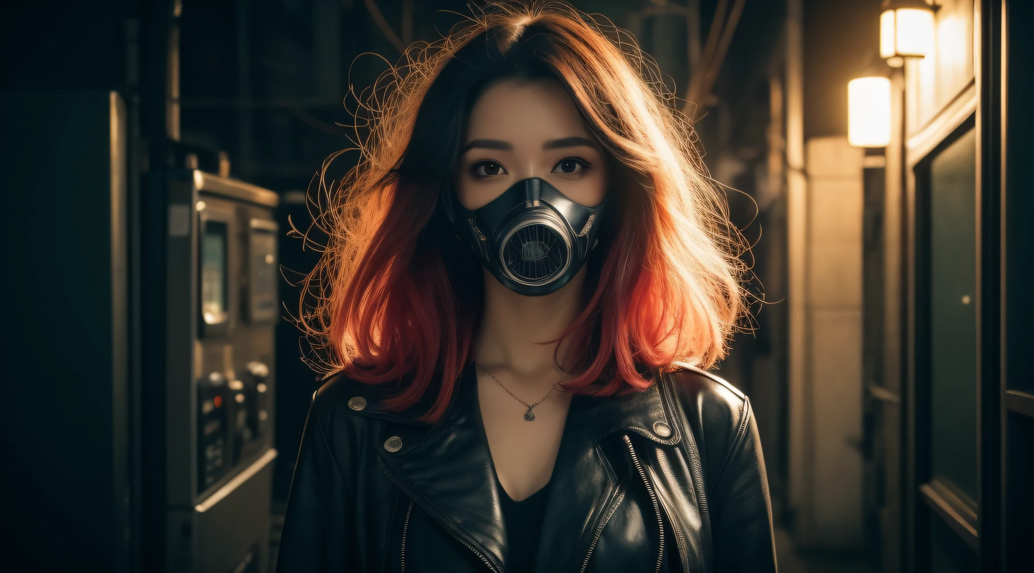 Cyberpunk style girl with colorful hair wearing gas mask, tatuagens pelo corpo, Cyberpunk, foto perfeita, detailed cenary, cidade Cyberpunk, corpo perfeito, roupa sexy, seios redondos, bunda grande, coxas grandes, cabelo cumprido, olhar penetrante, perfect lighting, obra-prima, 8k