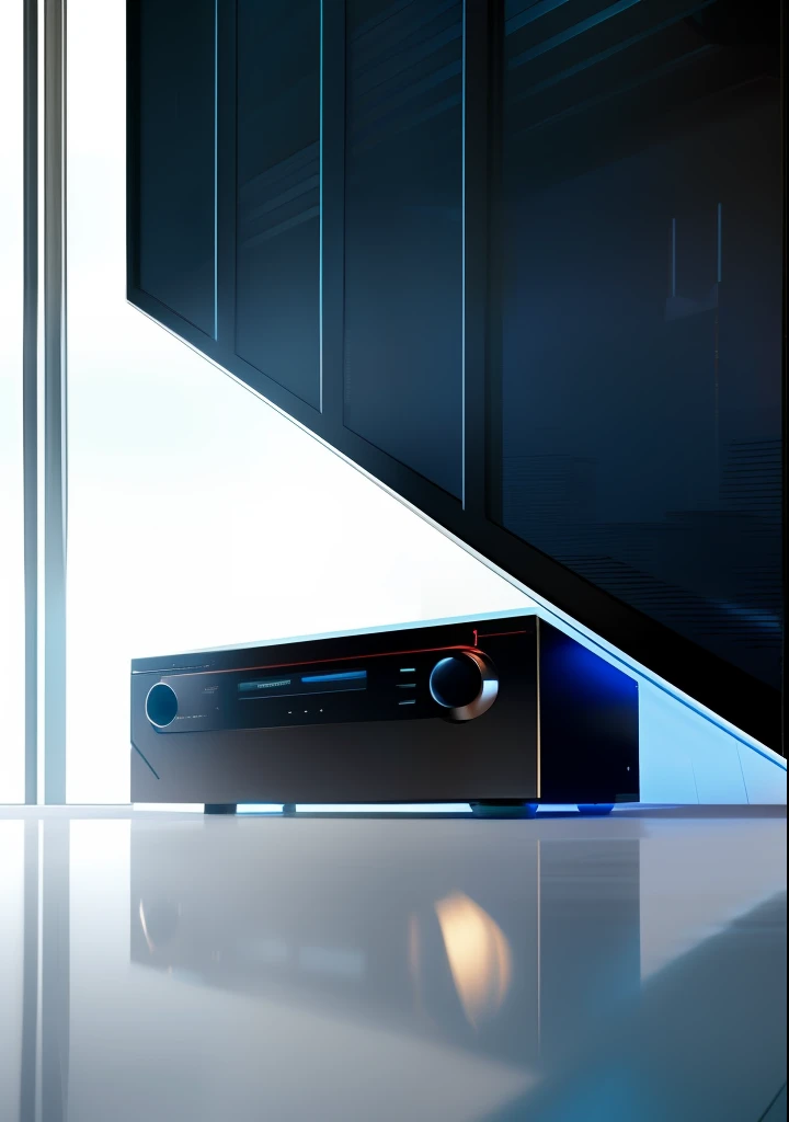 A power amplifier, High resolution concept art for apartment living room,Overlooking the large futuristic city,Floor-to-ceiling windows and mid-century modern furniture, cinmatic lighting, CGSesociety, TV cabinet, tv set