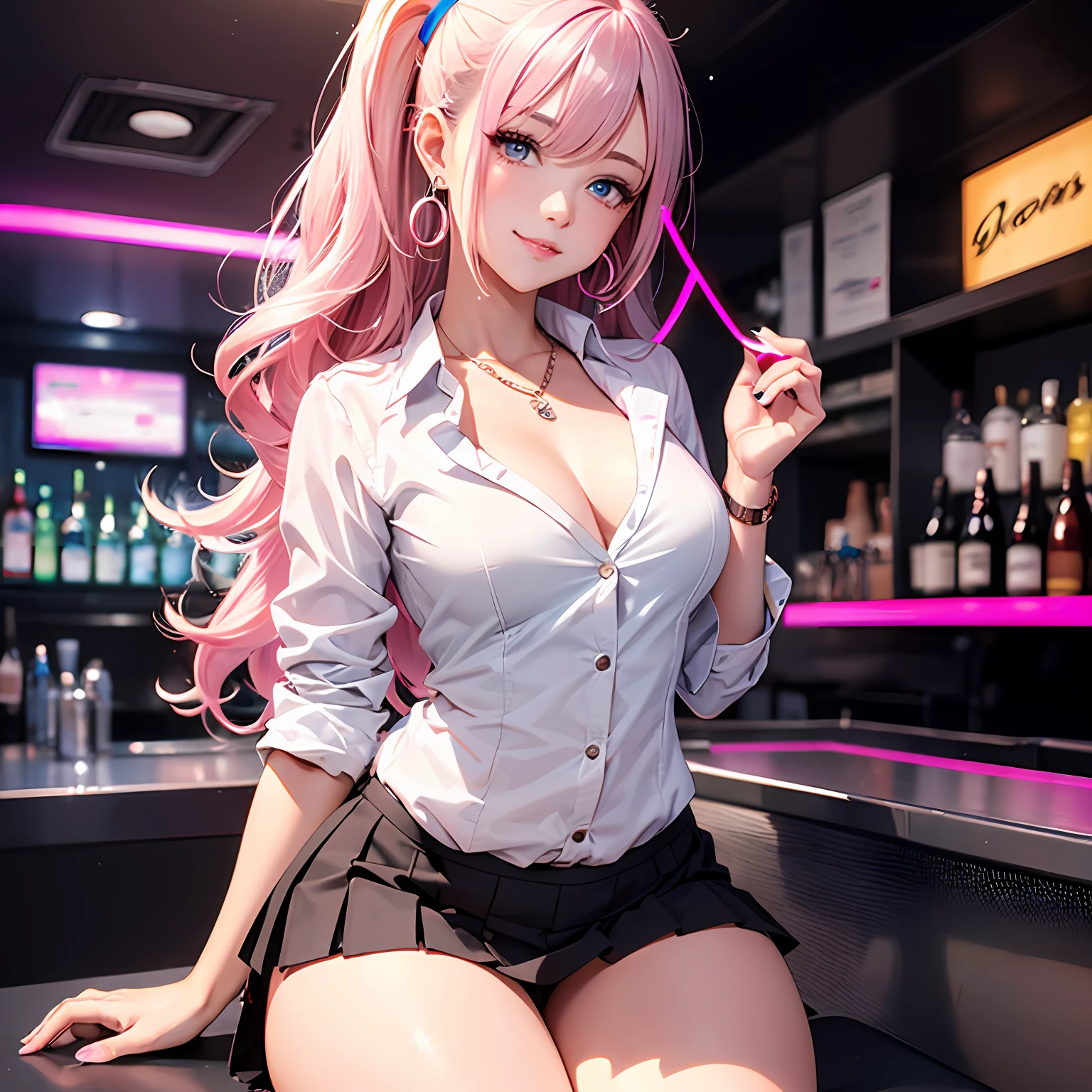 (masterpiece: 1.3), (max resolution: 1.2), (Ultra HDTV: 1.2), cinema lite, Ultra HDTV, (Detailed eyes and skin), (detailed facial features), 8K resolution, Sharp Focus: 1.2, Perfect Style, Beautiful Face, accurate, Anatomically correct, Highly detailed face and skin texture, Detailed eyes, Dark-blue eyes, Double eyelids, Thin eyebrows, (dropped eyes:0.65), (Glitter Eyeliner:1.2), Natural cheeks, Glossy skin, (Fair skin:1.2), shiny necklace and earrings, (Glossy lips: 1.4), BREAK, absurderes, One-person viewpoint, (She is Very Cute nightclub staff), (While Wearing a Button up White shirt:1.3), BREAK, (wear a blazer:1.3), BREAK, (pleated mini skirt of Gray:1.2), ((showing a little string panties:1.2)), (high heels), BREAK, (shy smile:1.2), ((18 years old, Very Cute and neat girl:1.3)), (high-ponytail hairstyle, Wavy Hair), ((Ivory hair:1.4)), Medium Long Hair, (Cowboy shot: 1.2), (Focus on Face), ((Present a business card to the viewer:1.6)), ((inside the bar counter)), (medium large breasts:1.2), ((In the super erotic nightclub:1.4)), BREAK, ((Pink neon lights:1.2)), (((dim lighting:1.3))),