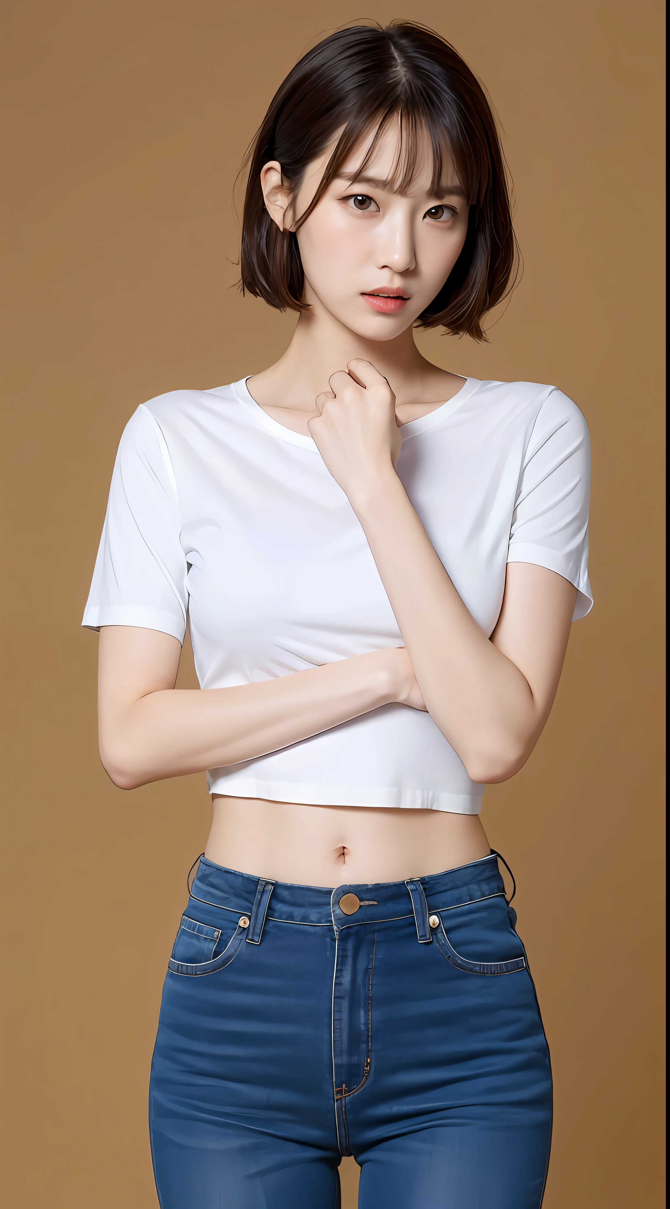 ((Best picture quality, 8K, tmasterpiece:1.3)), 1girll, Beautiful woman with slender abs:1.3, (Casual hairstyle, No milk leakage:1.2),White T-shirt:1.1, Ultra-fine face, A detailed eye, 二重まぶた，aggrieved look，perfect bodies，full bodyesbian，one color background，Royal sister style，A long-legged beauty