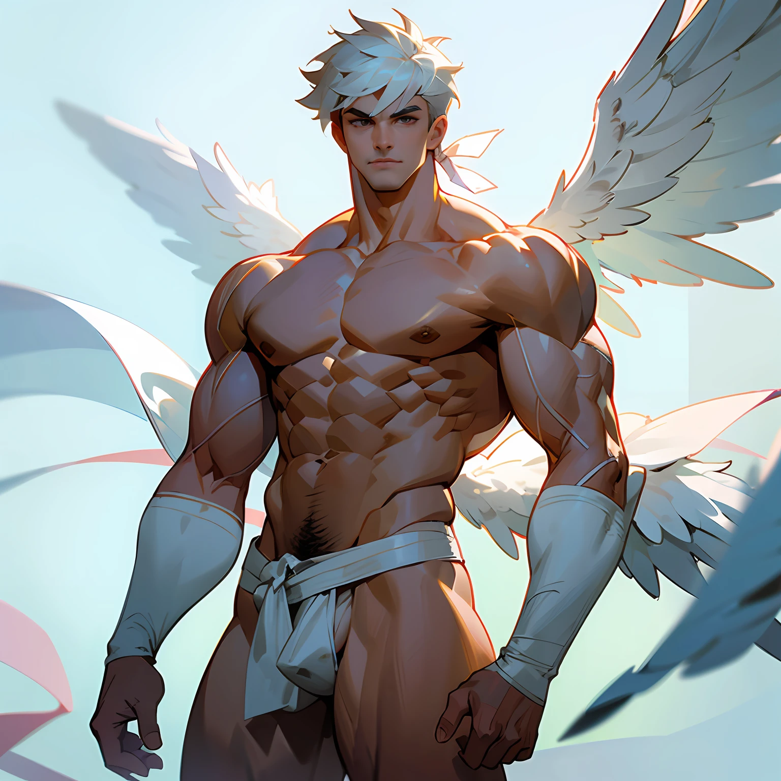 Highest accuracy,Muscular man with large white wings,Stand on the side,Shirtless,There are white streamers on the body,Lower body erection,Lower body details,Thick pubic hair,Handsome face,Short white hair,There is a faint aura on the top of the head,The background is a mythical city,The background is rich in detail,Angel wind
