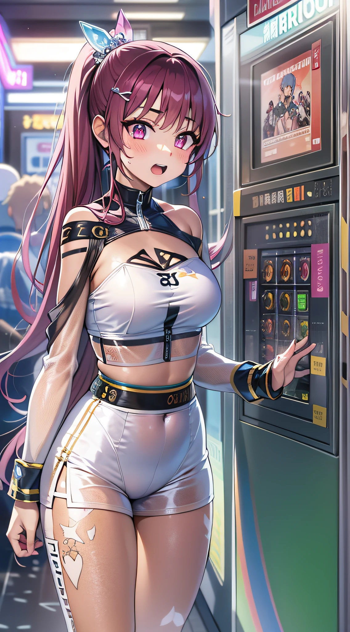 ((Masterpiece)), best quality, absurderes, ultra detailed, holographic, cowboy shot, golden ratio, super cute girl, mature girl, idol girl, super beautiful asian girl with very beautiful violet glowing eyes, beautiful glowing brown multicolored hair, high ponytail, nice and sexy body, slim body, perfect body, wearing a super tight anime printed leotard, an anime printed super tight off shoulder long sleeve crop top, a super aesthetic transparent mini jacket, beautiful hair ornament, pink jordan tennis, playing with her handsome otaku skinny boyfriend, with black messy glowing hair, in the gacha machine