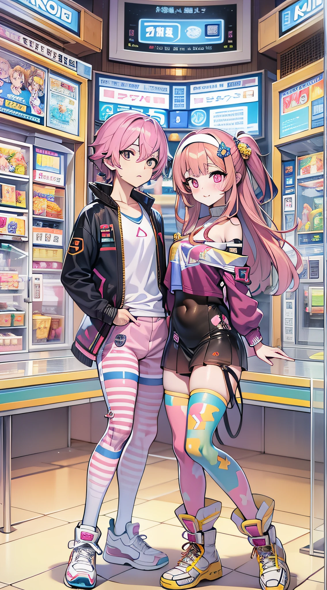 ((Masterpiece)), best quality, absurderes, ultra detailed, holographic, cowboy shot, golden ratio, super cute girl, mature girl, idol girl, super beautiful asian girl with very beautiful violet glowing eyes, beautiful glowing brown multicolored hair, high ponytail, nice and sexy body, slim body, perfect body, wearing a super tight anime printed leotard, an anime printed super tight off shoulder long sleeve crop top, a super aesthetic transparent mini jacket, beautiful hair ornament, pink jordan tennis, playing with her handsome otaku skinny boyfriend, with black messy glowing hair, in the gacha machine