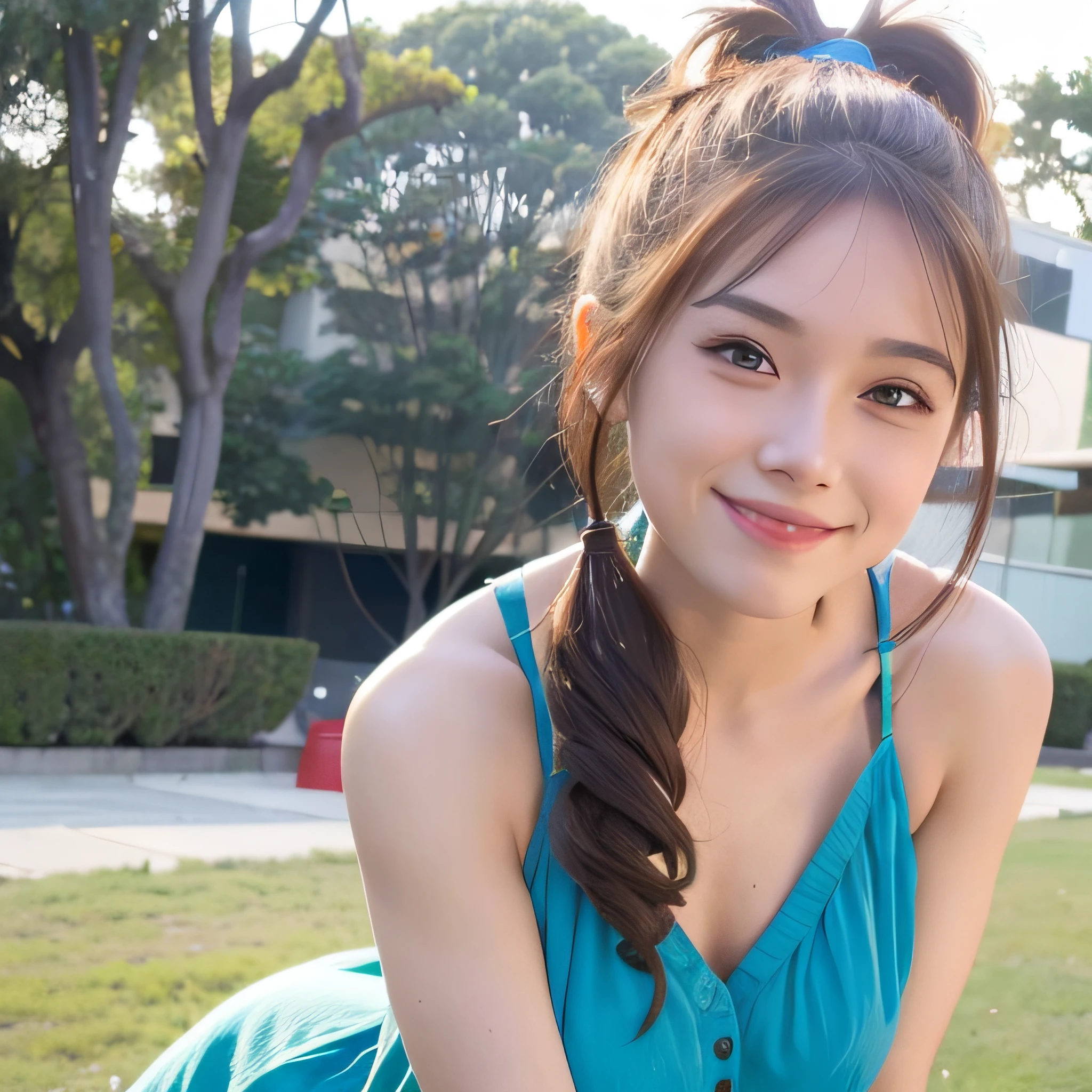 mix4,(8K, RAW photo, Best quality, Masterpiece:1.2), (Realistic, photo-realistic:1.37),((1girll)),Cute,Lawn, day, Sunlight, Professional lighting, photon maping, Radio City, Physically-based rendering,Chinese,((Full body shot, brunette color hair:2, High ponytail:1.2,Perfect face,Perfect eyes,)),  dress, Goddess,Smile, arms back behind,