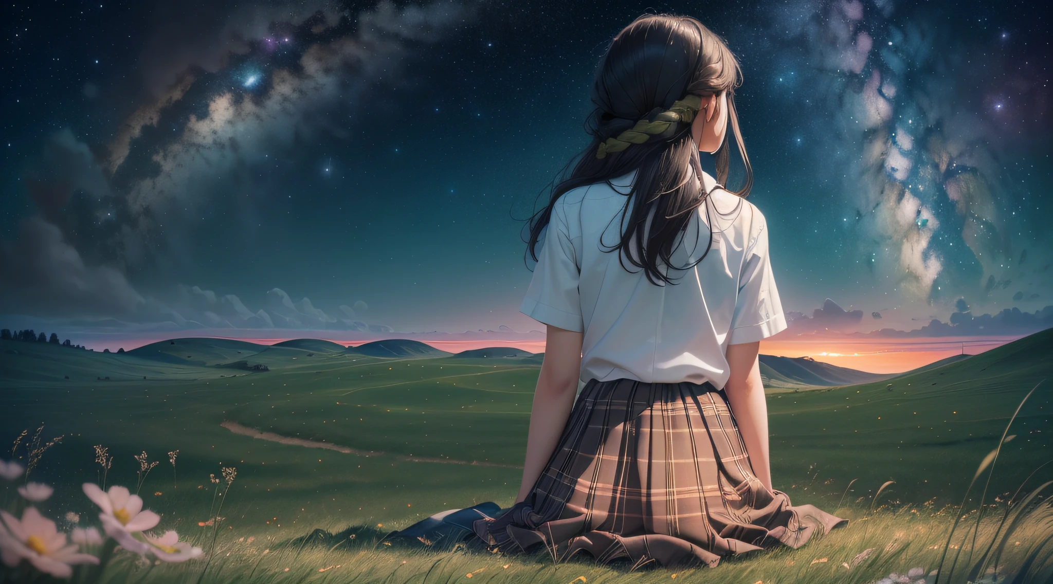 (masterpiece), (best quality), (ultra-detailed), (Amazing:1.1), 12mm f2.8 lens, night view, starry skies fantasy, ((((full body), back shot, sitting))), ((((A high school girl with a full body back shot in the wilderness)))), (((((Looking up at the sky without looking at me))))), ((A beautiful high school girl lost in a surreal world of dreamlike landscapes)), (17 yr old), (((An over the horizon grassy road))), wind flow, flowers bloom, (((wearing simple school uniform))), black hair, 8 life size, detailed hairstyles, detailed bodyline, (((fantasy))), frontier, surrealism, (magnificent space), concept art, raw, wallpaper, poster, sharp focus, hyperrealism, crystalline, perfectionism, 4k UHD,