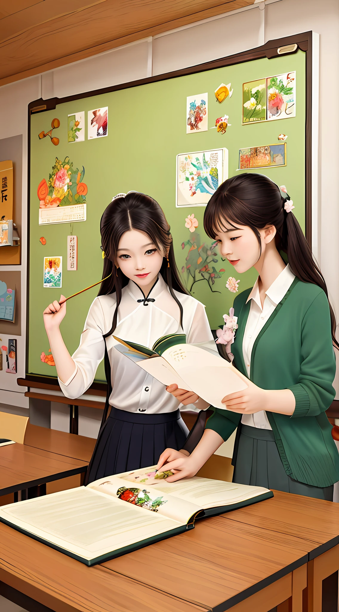 Teacher's Day poster,Chinese teacher,Vintage poster of the last century,Illustration of Chinese and Chinese textbooks,The teacher helps the students with their homework,Classroom Background,There is a blackboard,There are windows