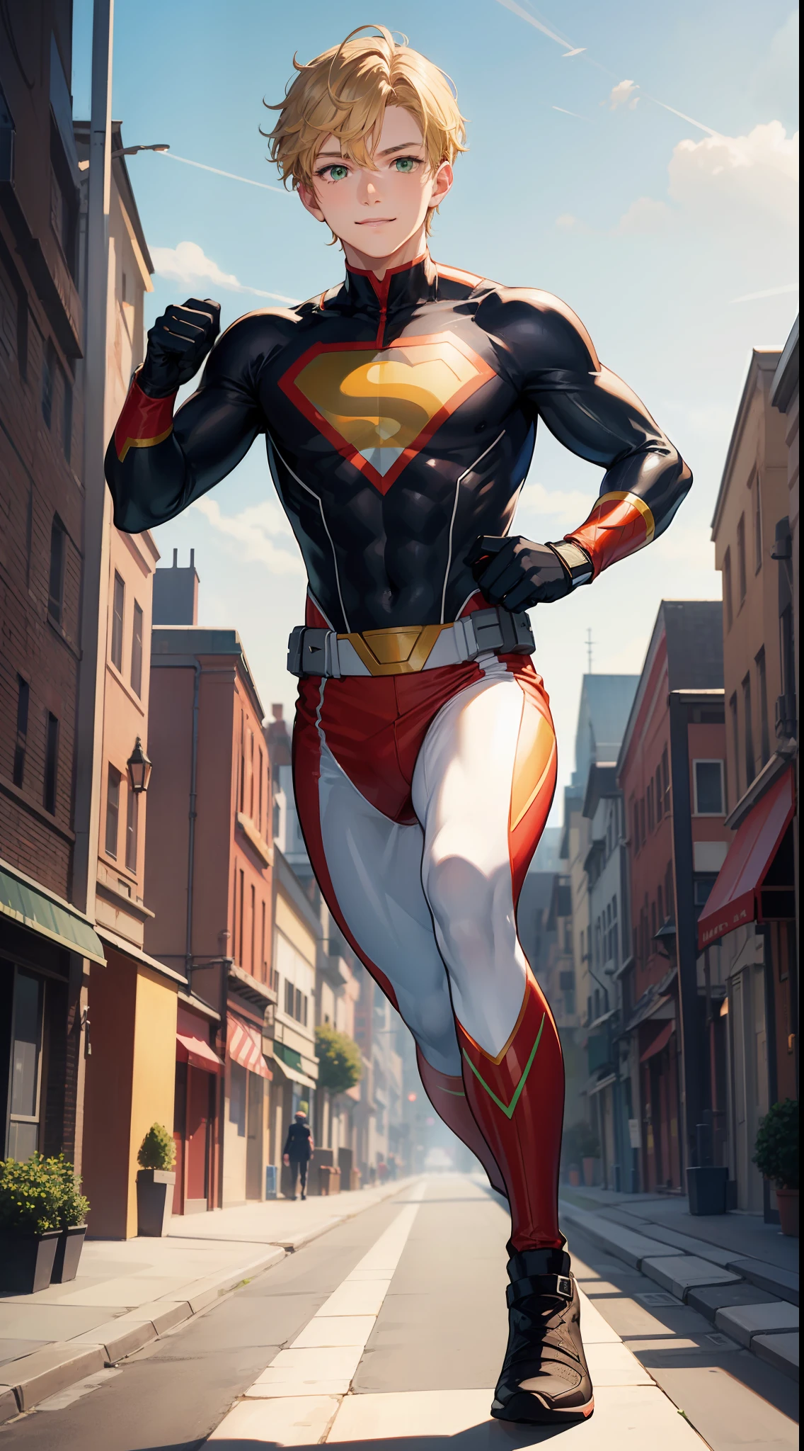young boy, longue blonde hair, Green eyes, Superhero Uniform, ssmile, running, Speedforce, Masterpiece, hiquality