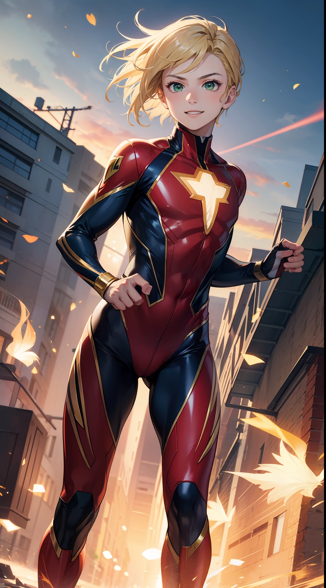 young boy, longue blonde hair, Green eyes, Superhero Uniform, ssmile, running, Speedforce, Masterpiece, hiquality