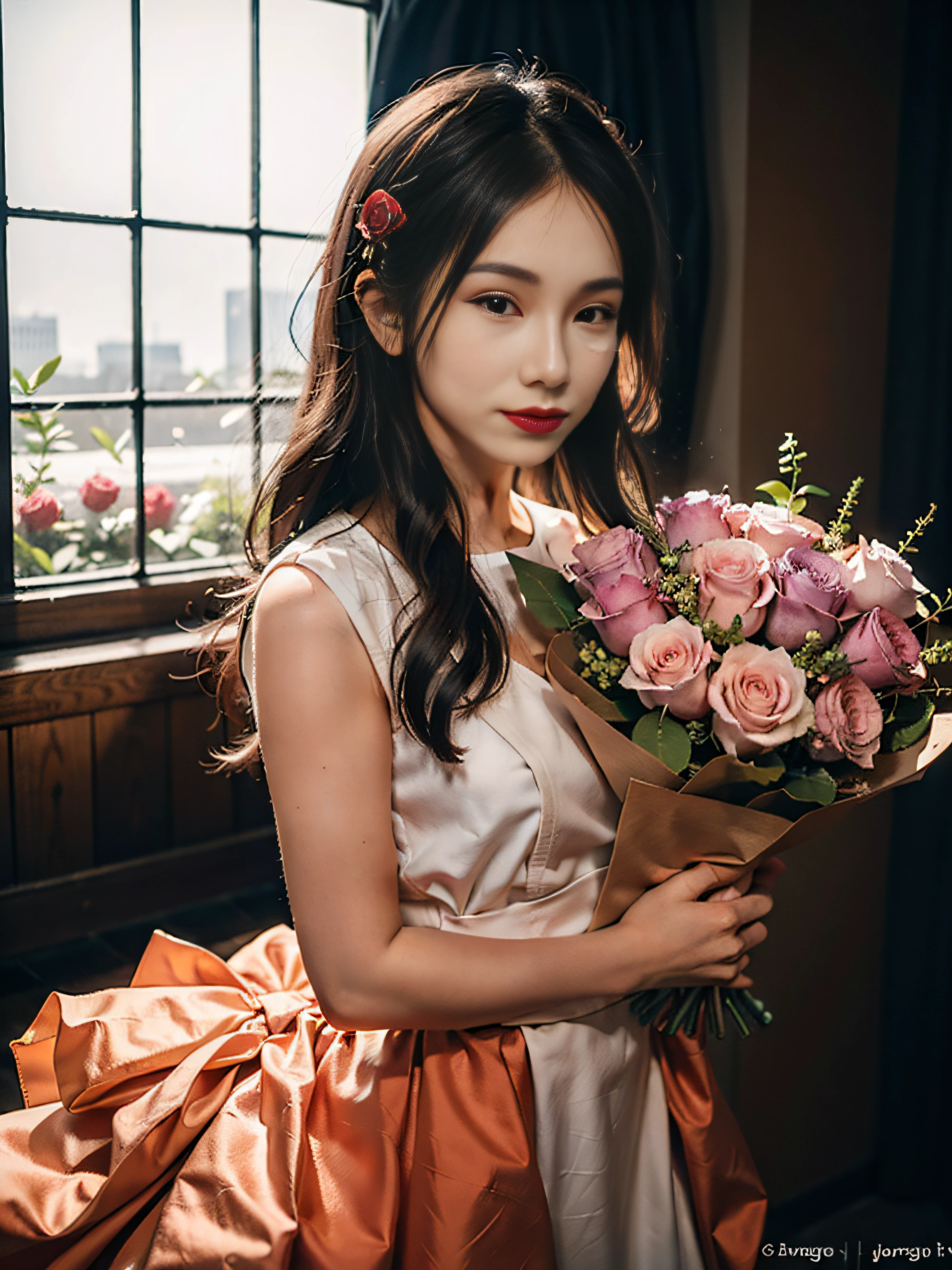 arafed woman holding a large pink rose bouquet in a black box, a picture by Ayami Kojima, tumblr, romanticism, with flowers, 奈良美智, jossi of blackpink, jinyoung shin, sun yunjoo, heonhwa choe, crown of mechanical peach roses, bouquet, cheeryblossom, realistic, HDR, highly detailed, 8k, raw photo,ambient occlusion, natural, harmonious composition, warm tones, fine art photography,