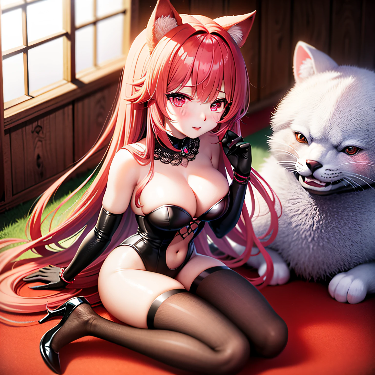16K resolution, Red fox anthropomorphism,, Sakura red hair, Bright red eyes,Wear a pink princess outfit，;White tiger anthropomorphism，femele，Wear a white princess outfit，White color hair，Gorgeous blue-purple eyes；The anthropomorphization of the wolf，femele，Black color hair，Black eyes，Wear a black princess outfit；Court background，Threesome，Lying position，Rub the edges。