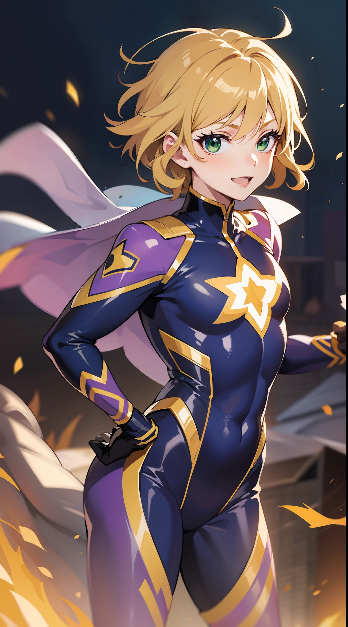 young boy, longue blonde hair, Green eyes, Purple Superhero Uniform, ssmile, running, Speedforce, Masterpiece, hiquality