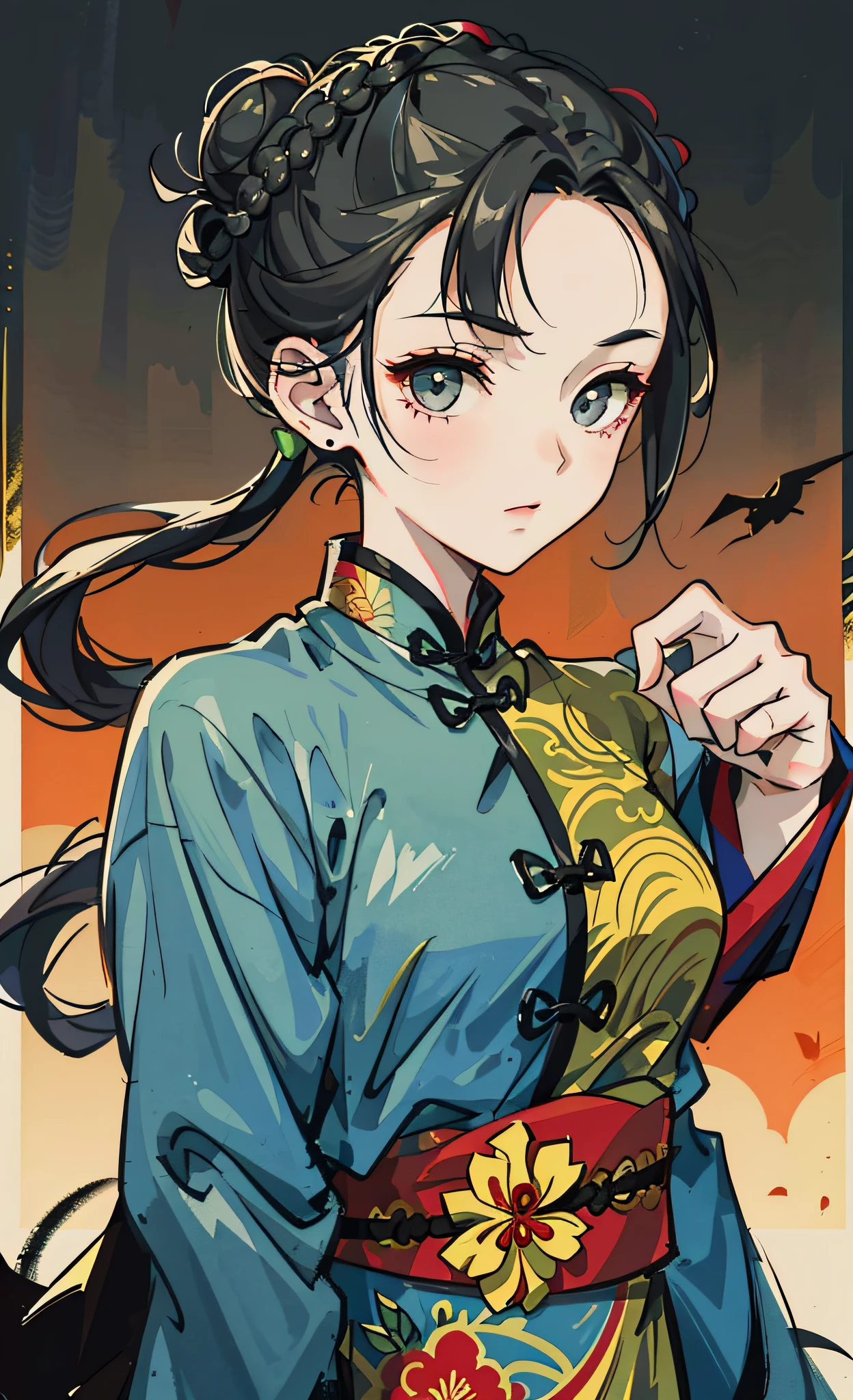 Antique girl in cheongsam，He coiled his hair into a bun，Head，Sniper rifle in hand。The face is extremely delicate，Fantasy style