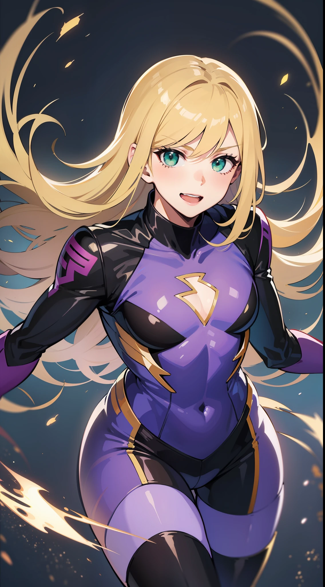 young boy, longue blonde hair, Green eyes, Purple Superhero Uniform, ssmile, running, Speedforce, Masterpiece, hiquality
