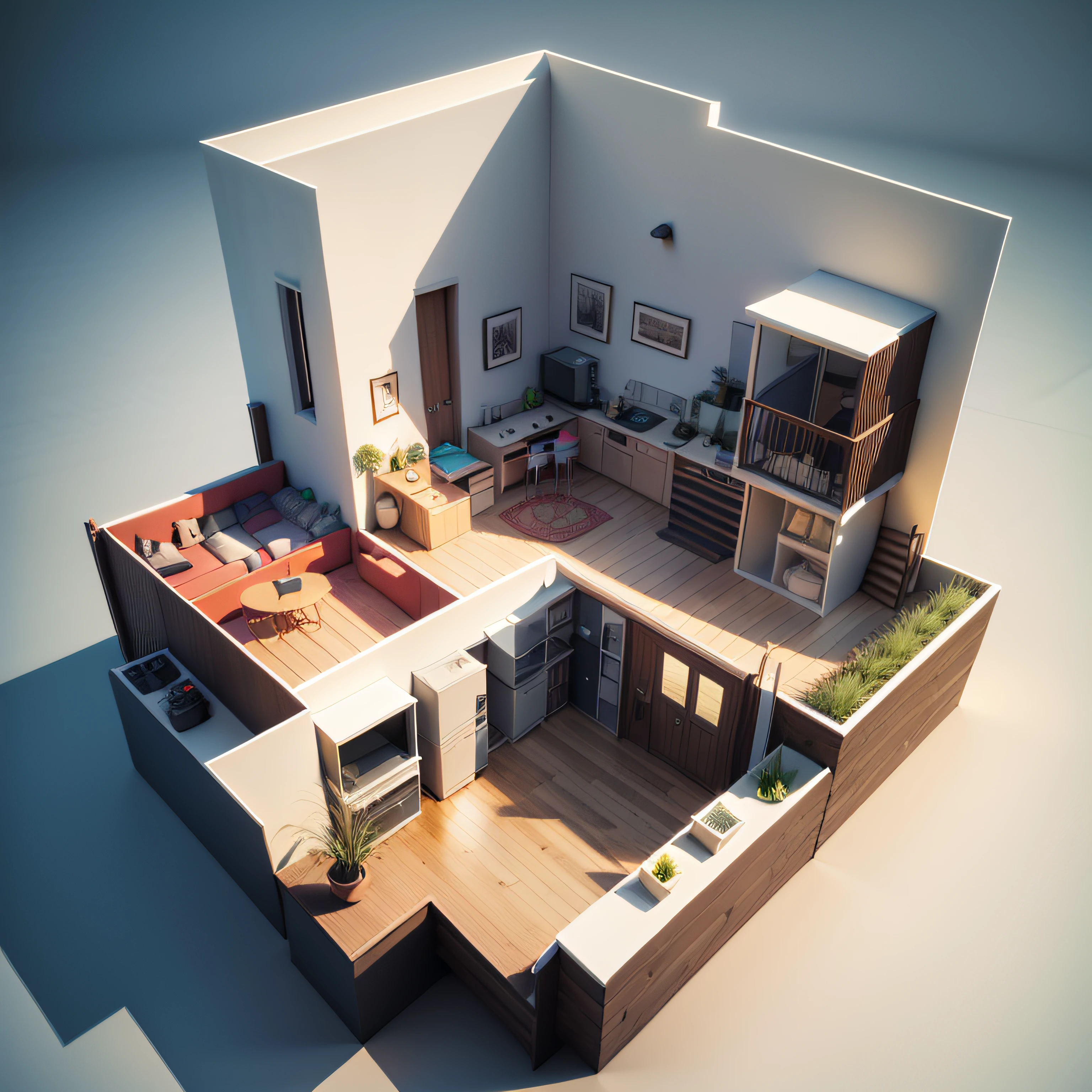 3D，Blender rendering，House model，4 bedrooms，box，iso-distance view，IsometricFuture，Stylized lines，Isometric style --auto